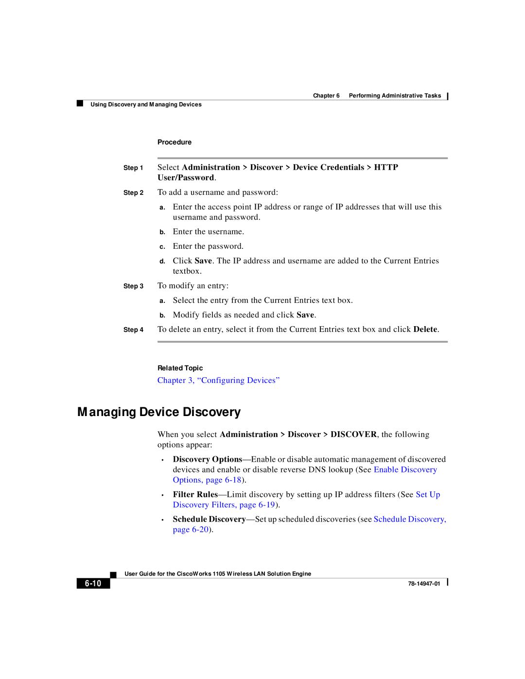 Cisco Systems 1105 manual Managing Device Discovery, Procedure 