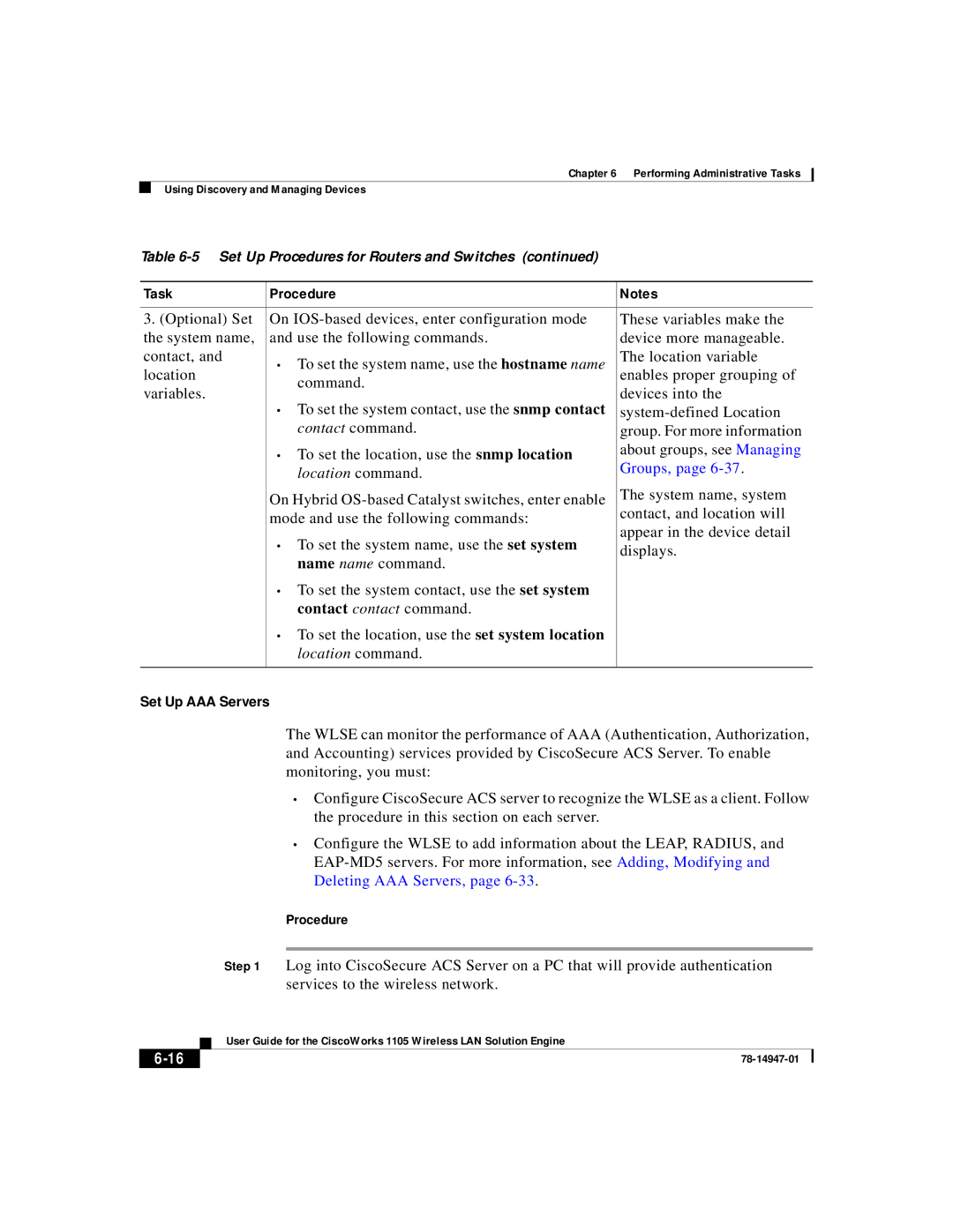 Cisco Systems 1105 manual Set Up AAA Servers, Contact command, Location command, Groups, Contact contact command 