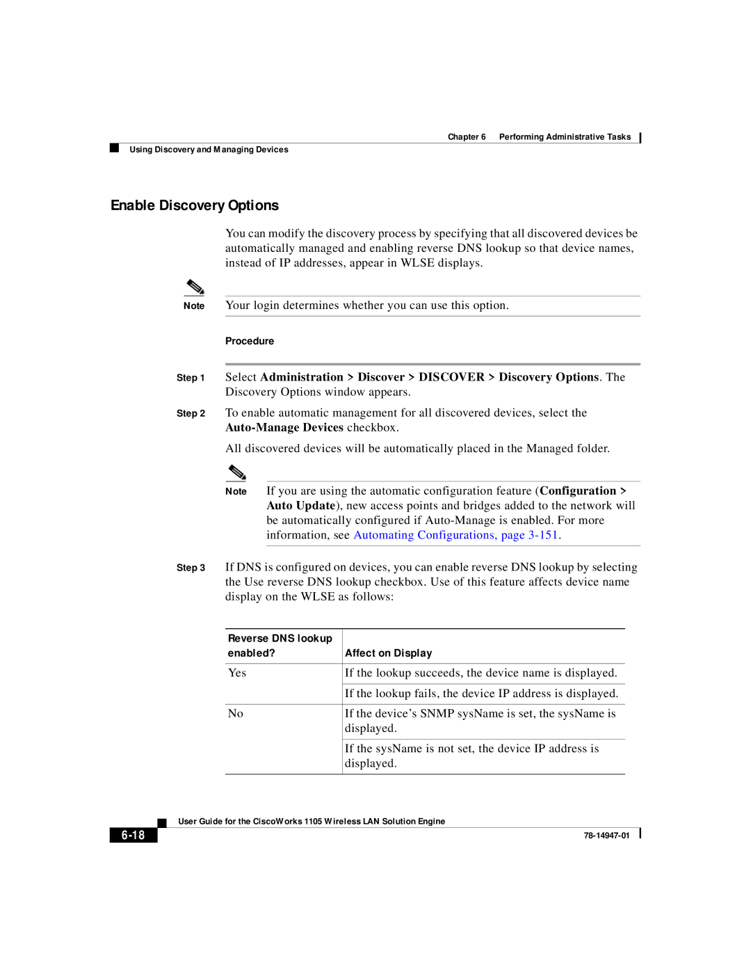 Cisco Systems 1105 manual Enable Discovery Options, Enabled? Affect on Display 