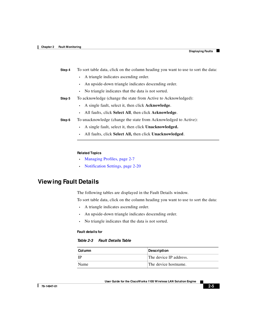 Cisco Systems 1105 Viewing Fault Details, Related Topics, Managing Profiles, Notification Settings, Fault details for 