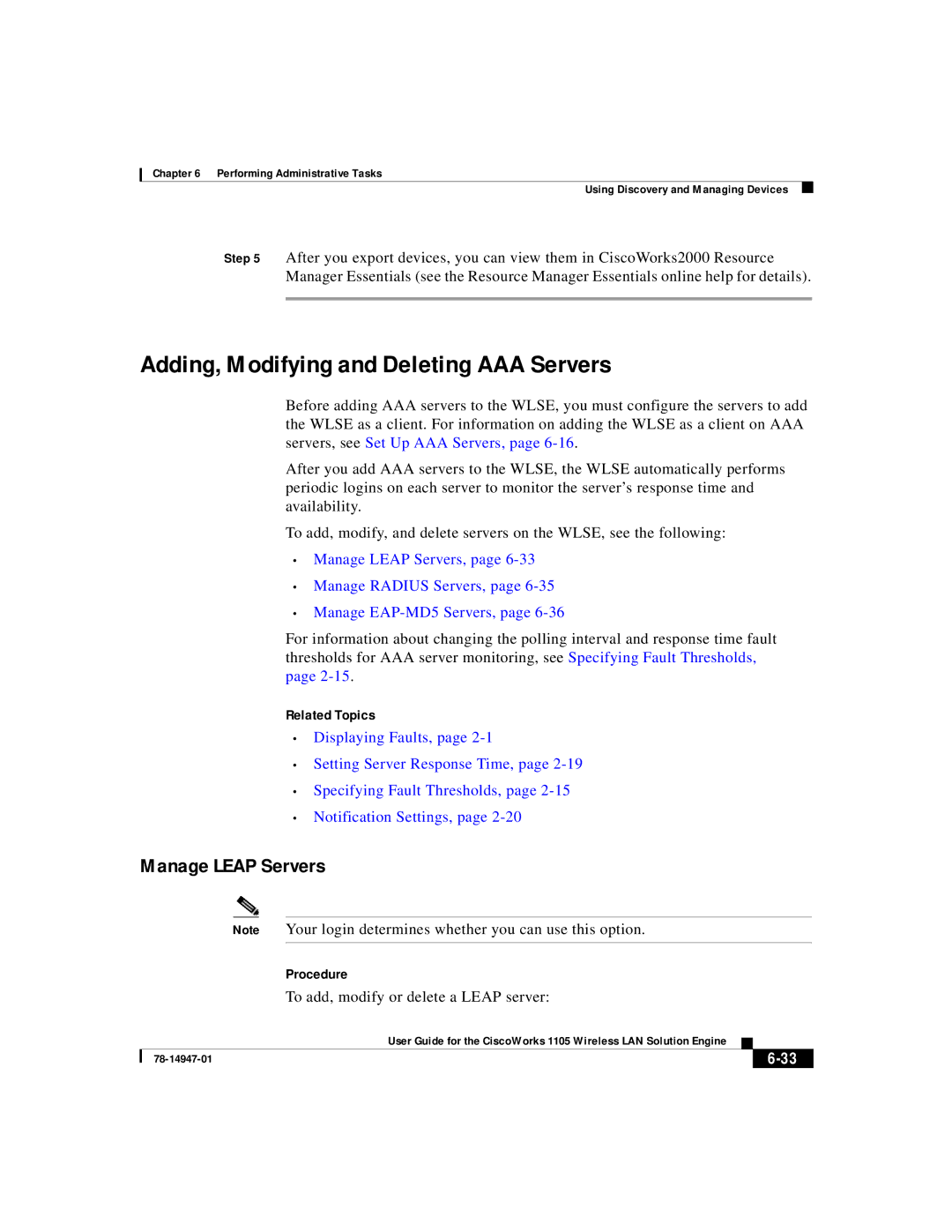 Cisco Systems 1105 Adding, Modifying and Deleting AAA Servers, Manage Leap Servers, To add, modify or delete a Leap server 