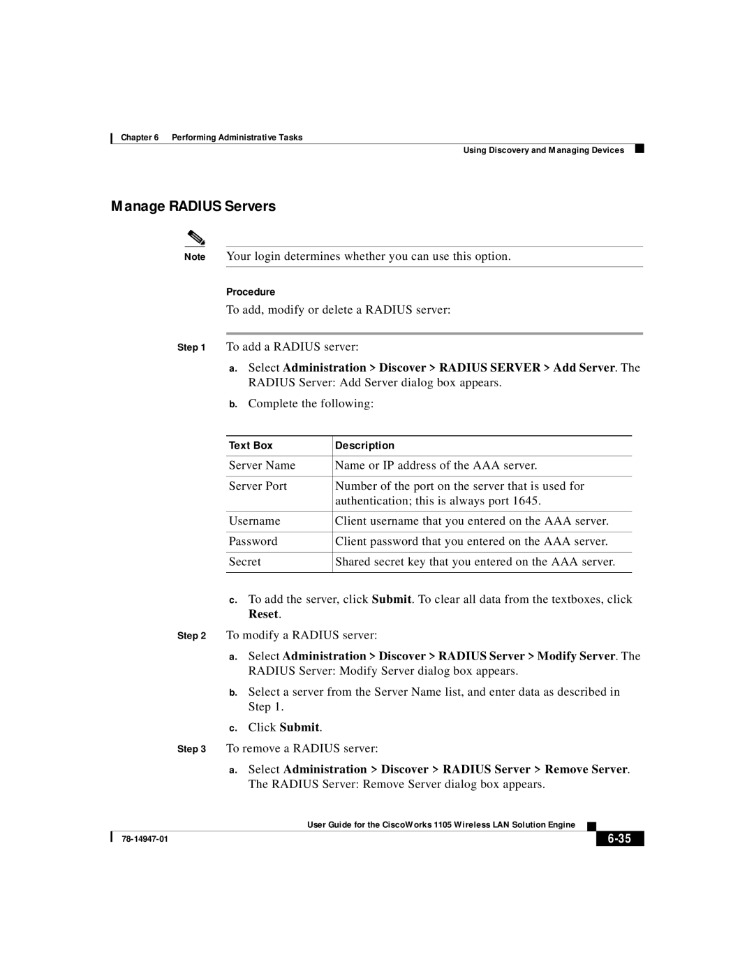 Cisco Systems 1105 manual Manage Radius Servers 