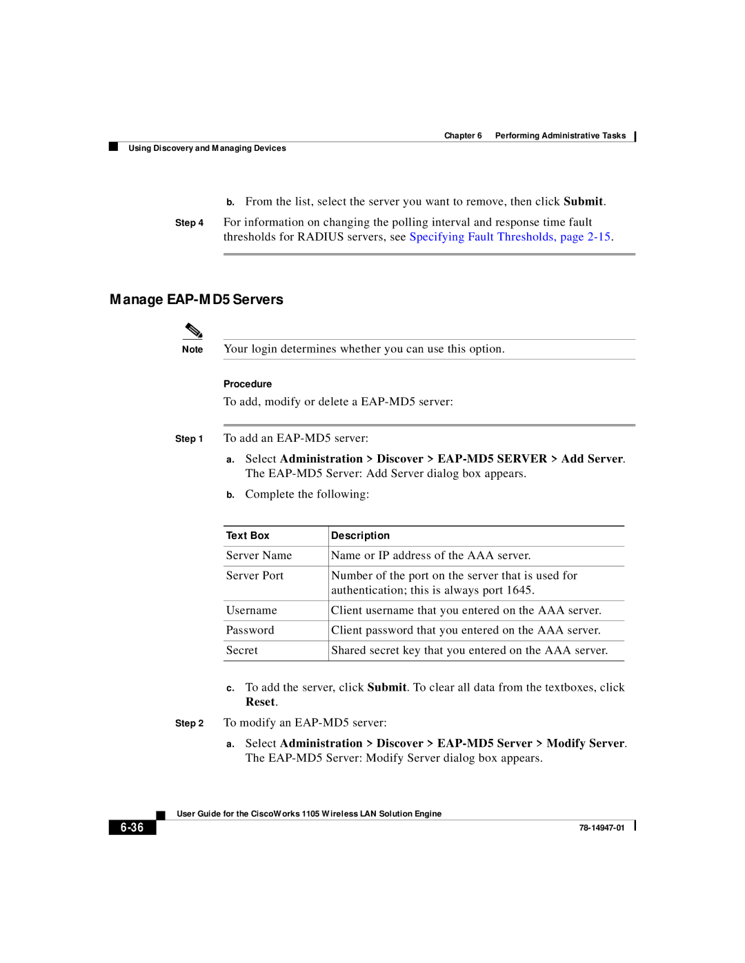 Cisco Systems 1105 manual Manage EAP-MD5 Servers 