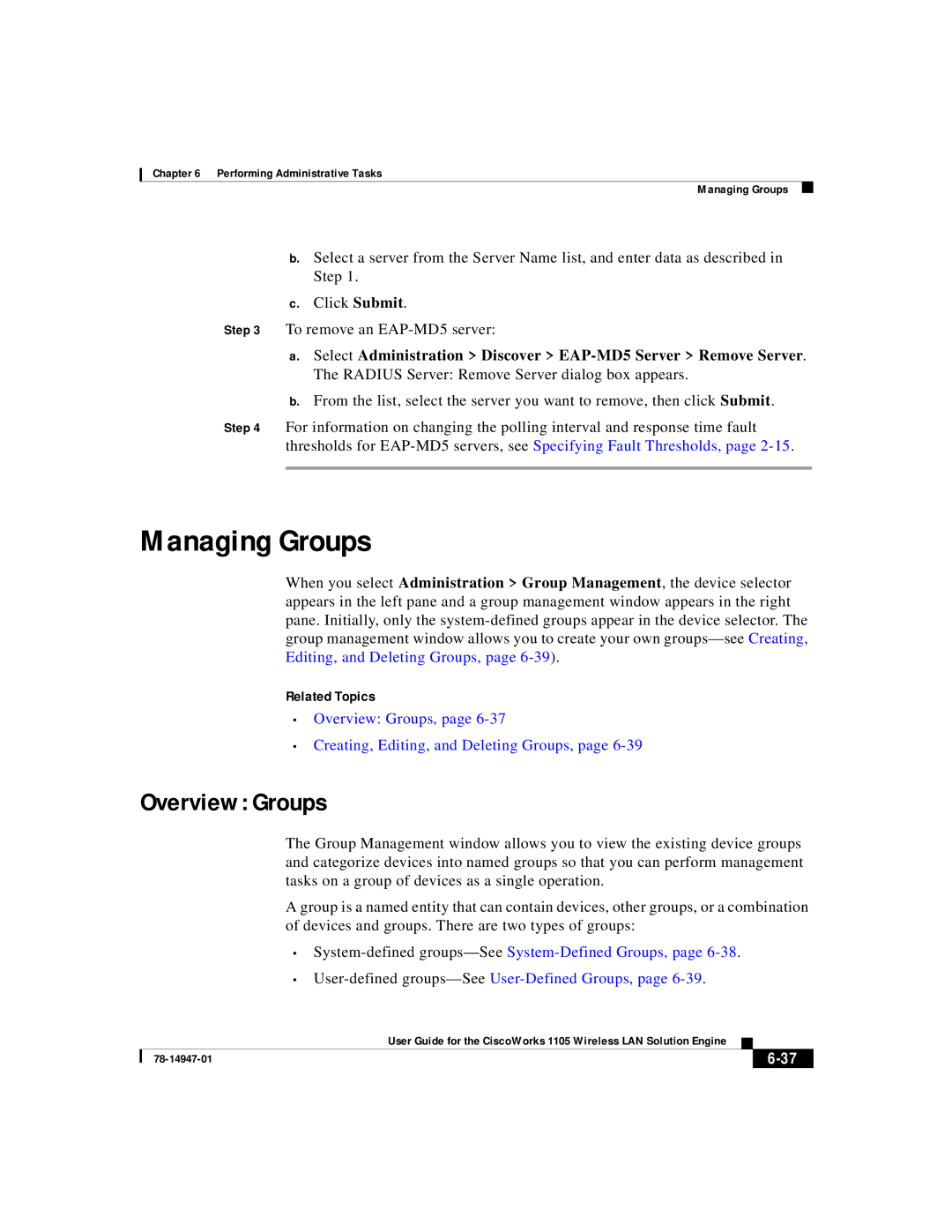 Cisco Systems 1105 manual Managing Groups, Overview Groups, Creating, Editing, and Deleting Groups 