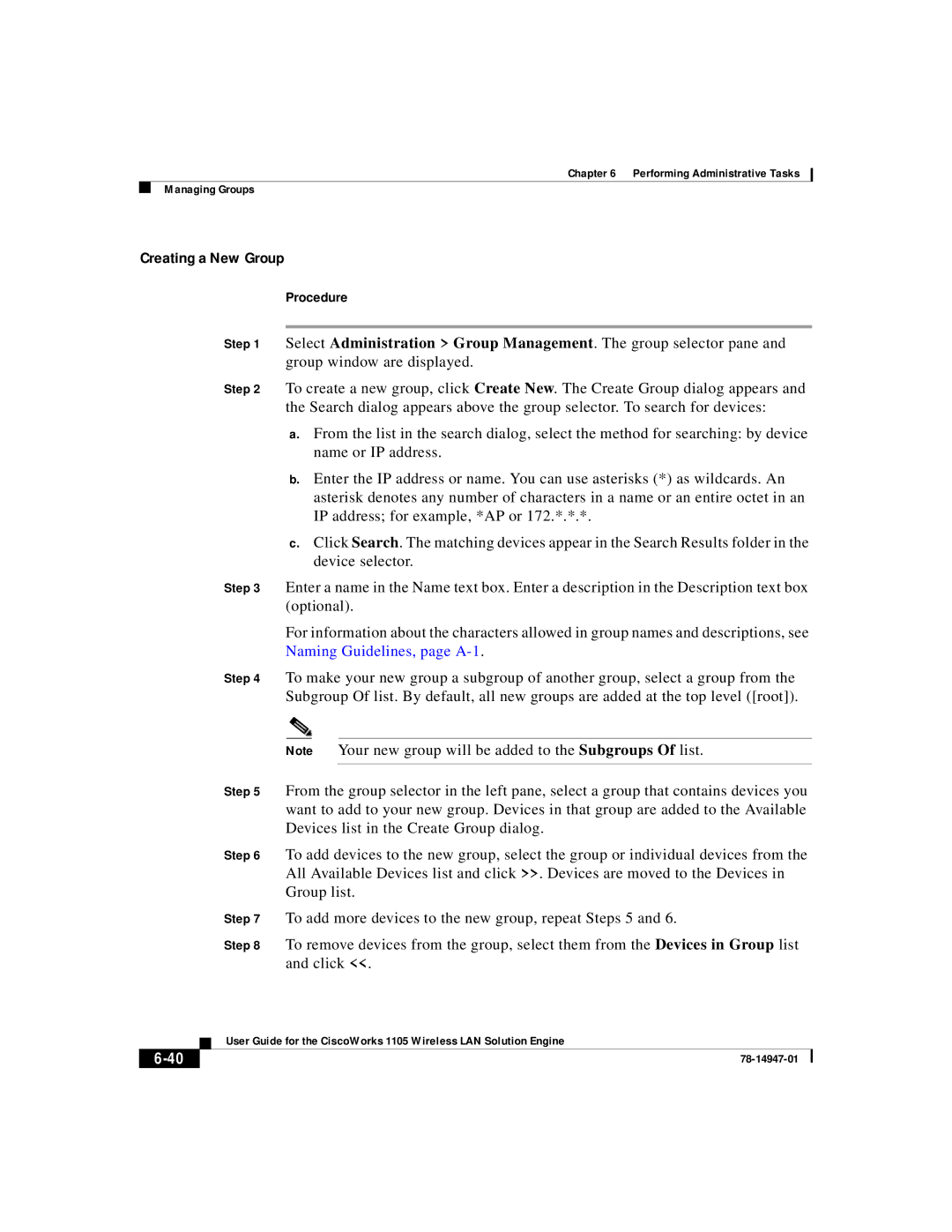 Cisco Systems 1105 manual Creating a New Group, Naming Guidelines, page A-1 