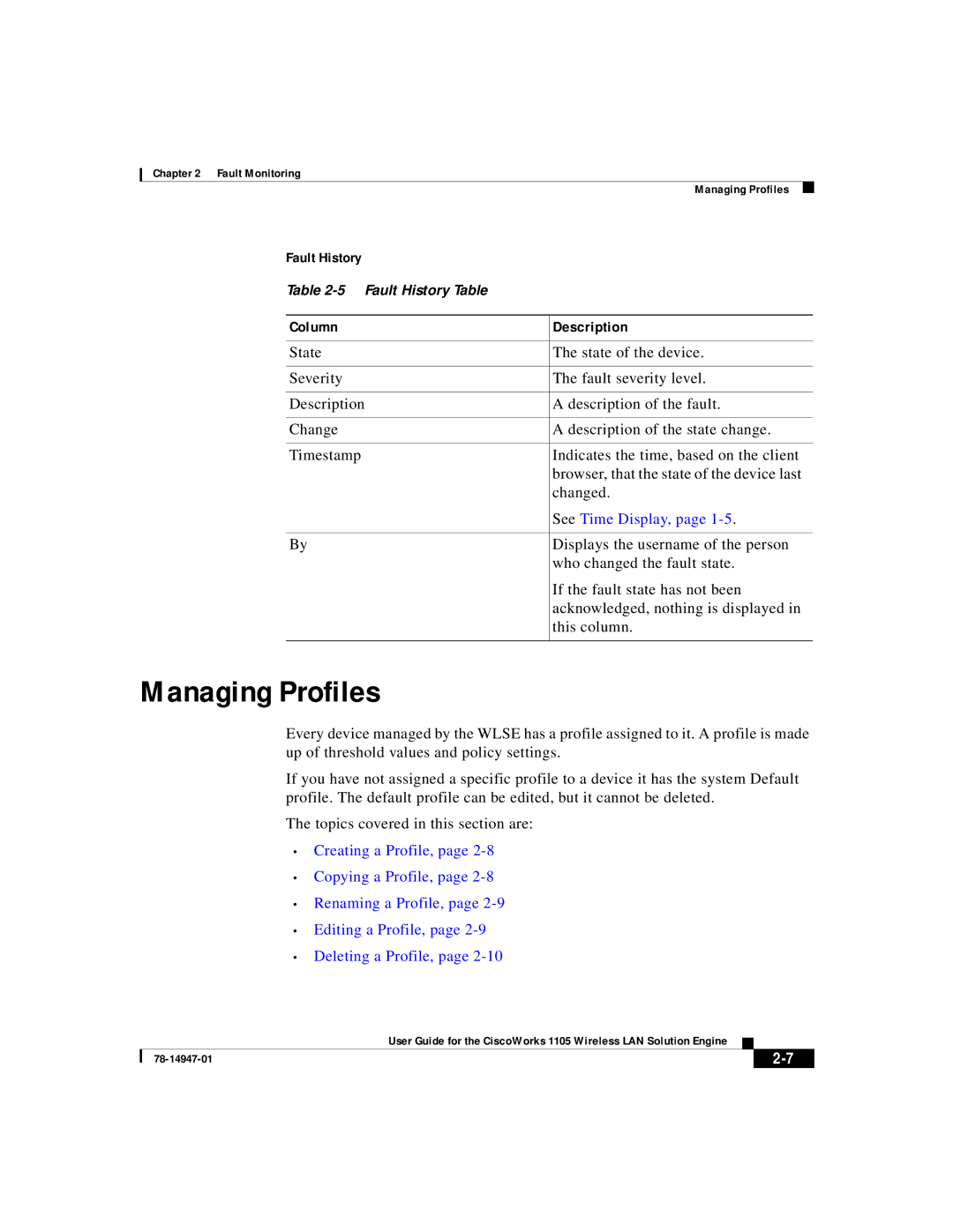 Cisco Systems 1105 manual Managing Profiles, Fault History 