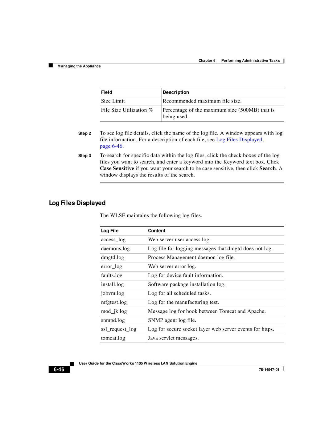 Cisco Systems 1105 manual Log Files Displayed, Wlse maintains the following log files, Log File Content 