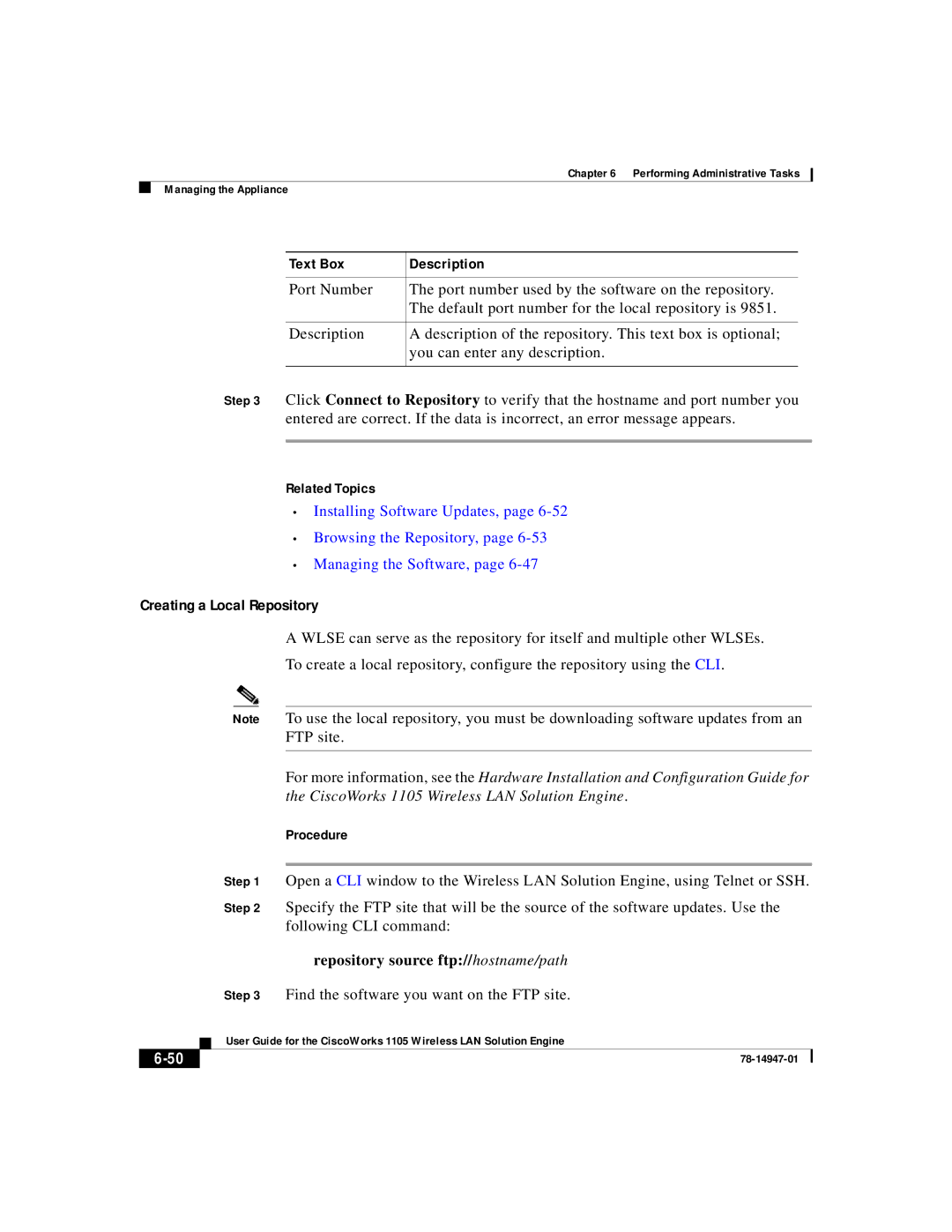 Cisco Systems 1105 manual Creating a Local Repository, Repository source ftp//hostname/path 