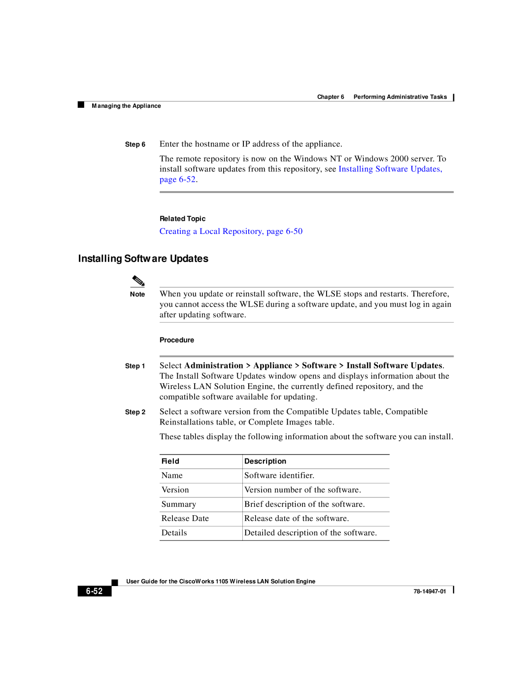 Cisco Systems 1105 manual Installing Software Updates, Related Topic 