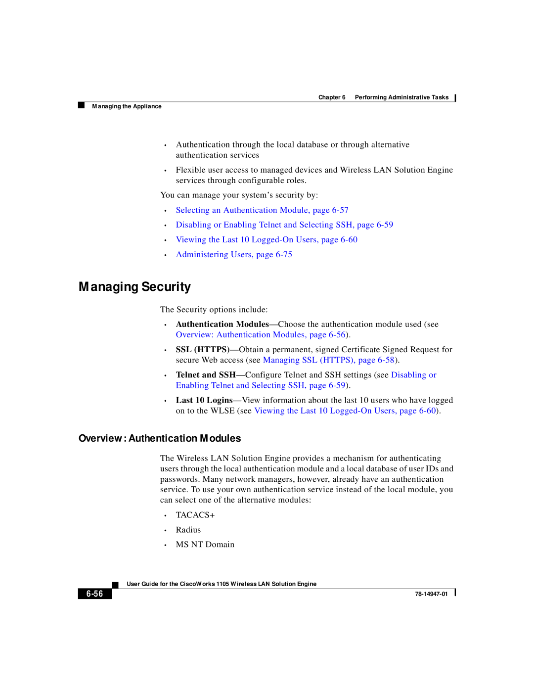 Cisco Systems 1105 manual Managing Security, Overview Authentication Modules, Radius MS NT Domain 