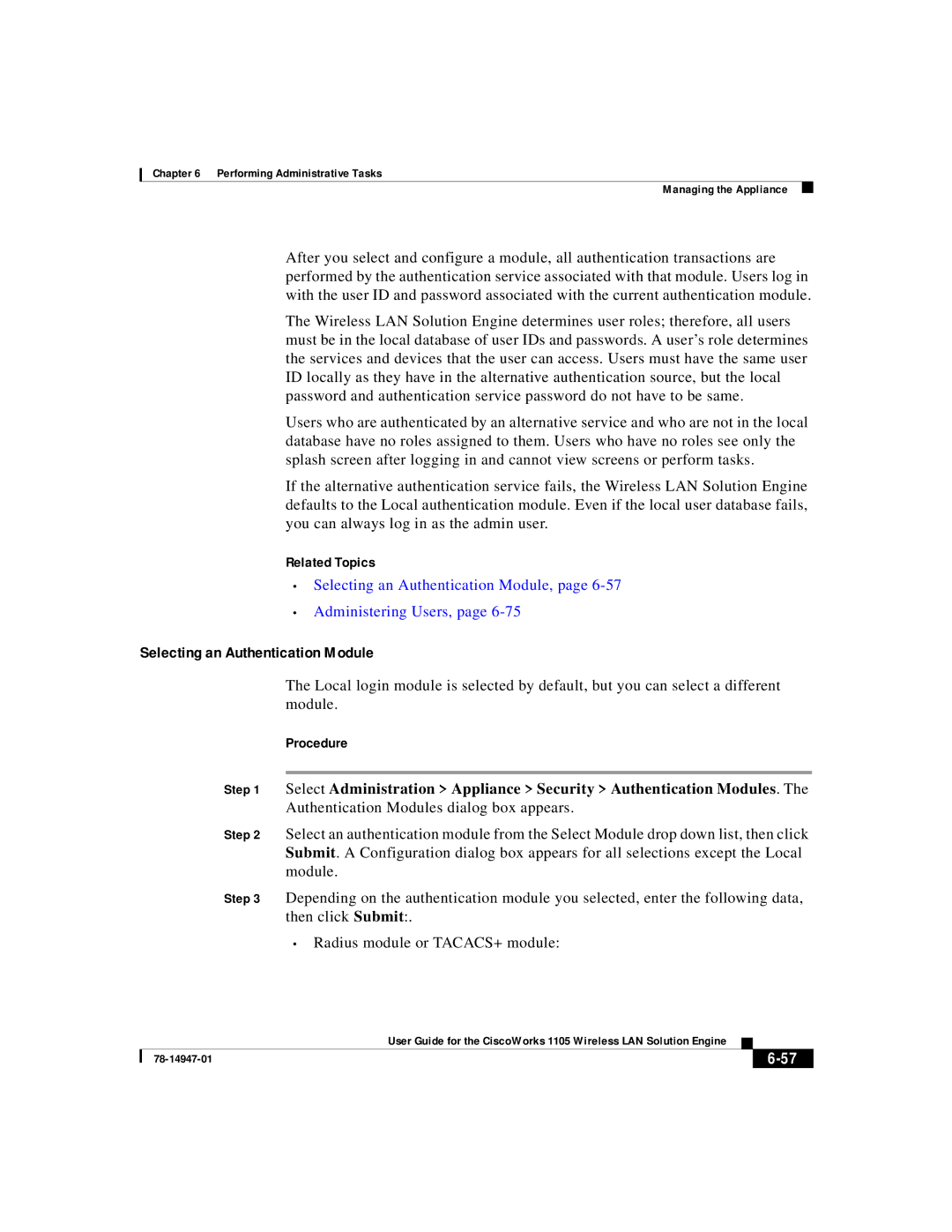 Cisco Systems 1105 manual Selecting an Authentication Module, Administering Users 