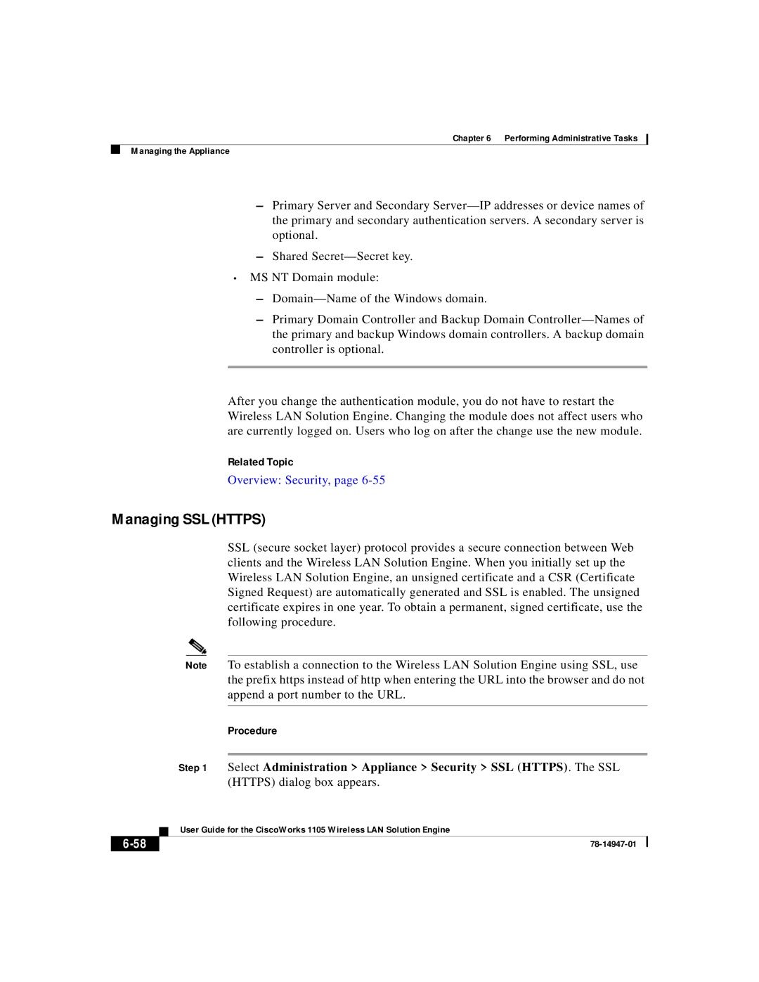 Cisco Systems 1105 Managing SSL Https, Overview Security, Select Administration Appliance Security SSL HTTPS. The SSL 