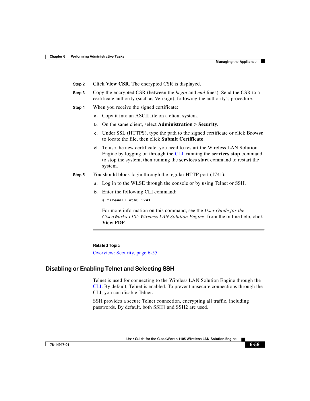 Cisco Systems 1105 manual Disabling or Enabling Telnet and Selecting SSH, # firewall eth0 