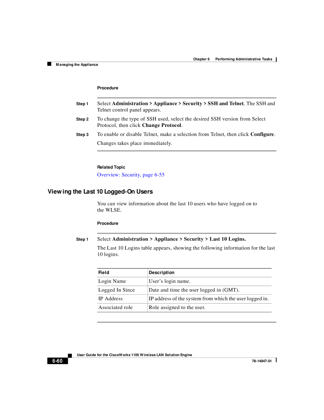 Cisco Systems 1105 manual Viewing the Last 10 Logged-On Users, Select Administration Appliance Security Last 10 Logins 