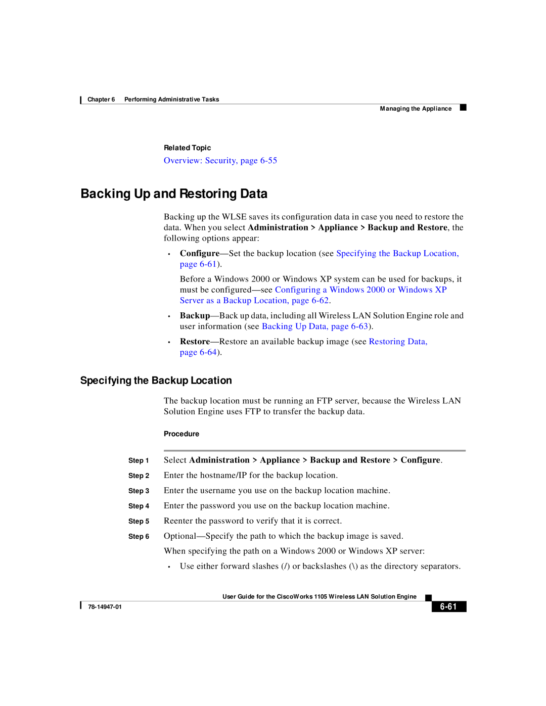 Cisco Systems 1105 manual Backing Up and Restoring Data, Specifying the Backup Location 