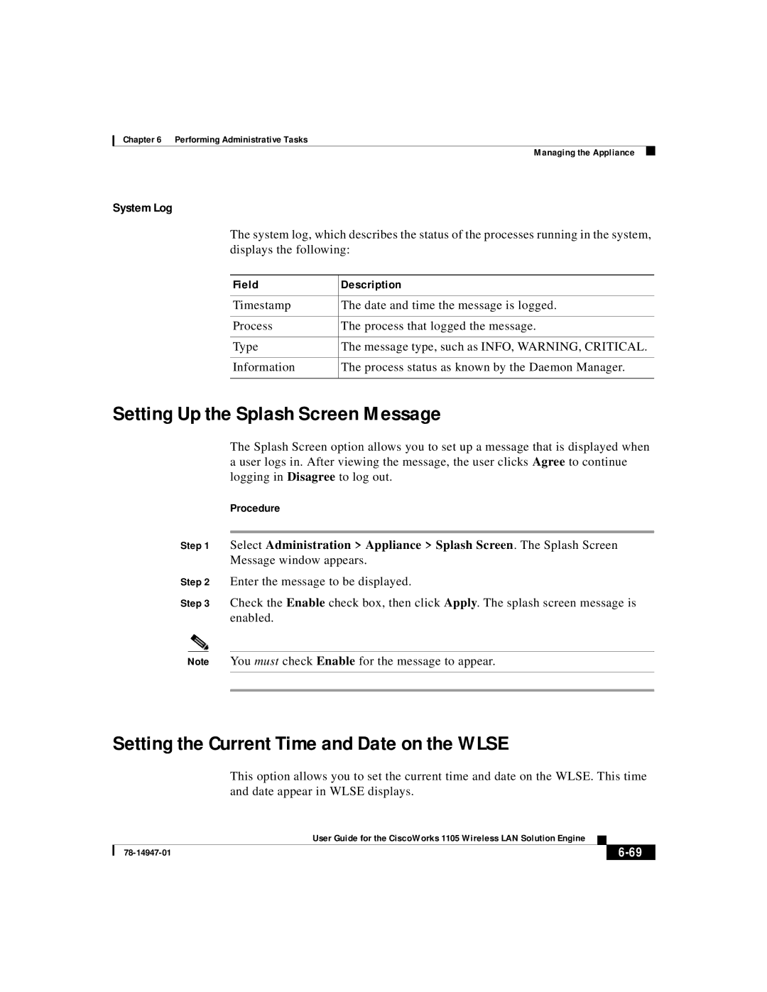 Cisco Systems 1105 manual Setting Up the Splash Screen Message, Setting the Current Time and Date on the Wlse, System Log 