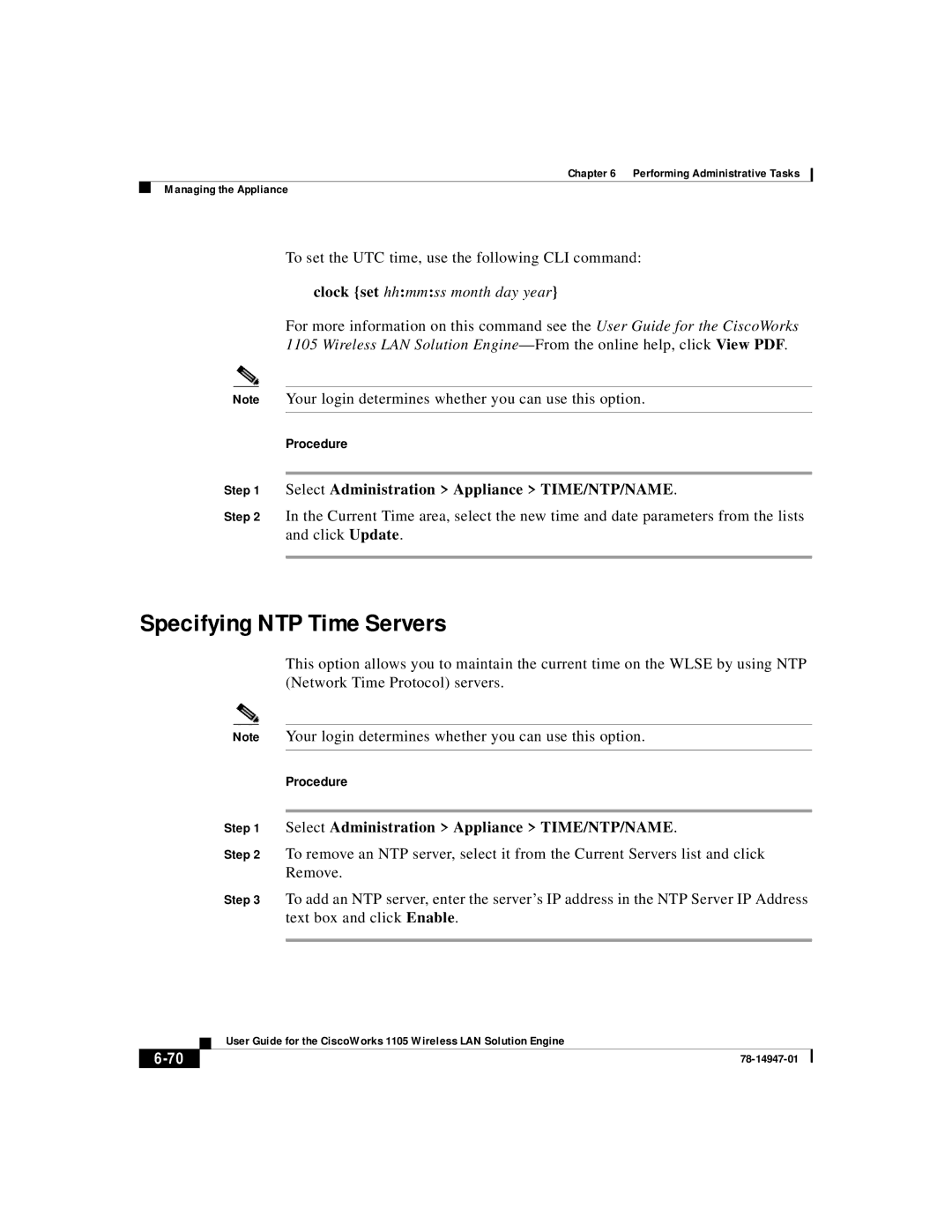 Cisco Systems 1105 manual Specifying NTP Time Servers, To set the UTC time, use the following CLI command 