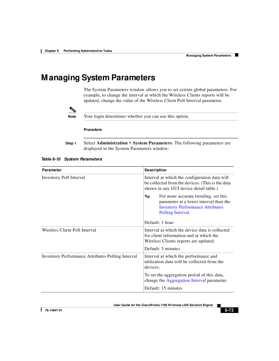 Cisco Systems 1105 Managing System Parameters, Parameter Description, Inventory Performance Attributes, Polling Interval 