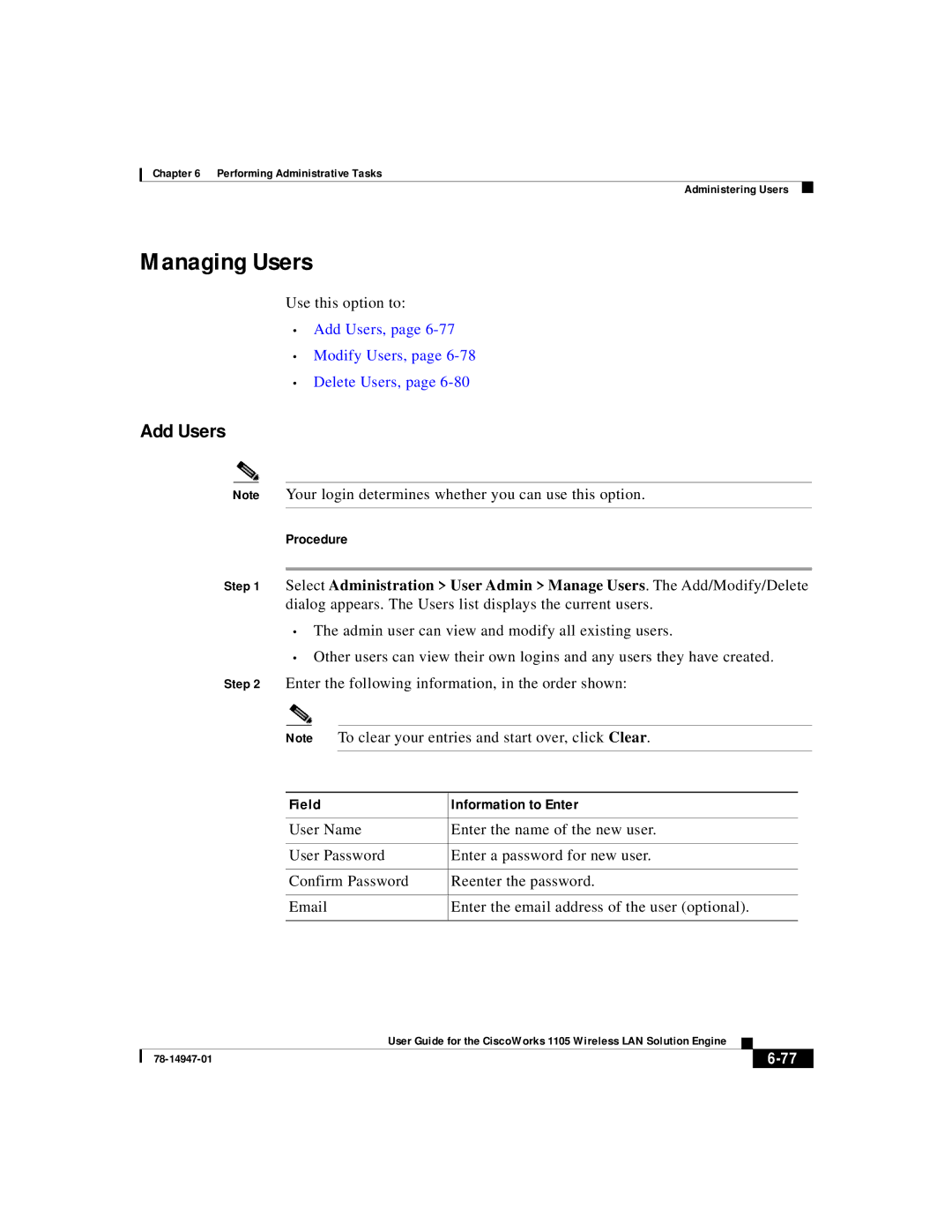 Cisco Systems 1105 manual Managing Users, Use this option to, Add Users, Modify Users, Delete Users 