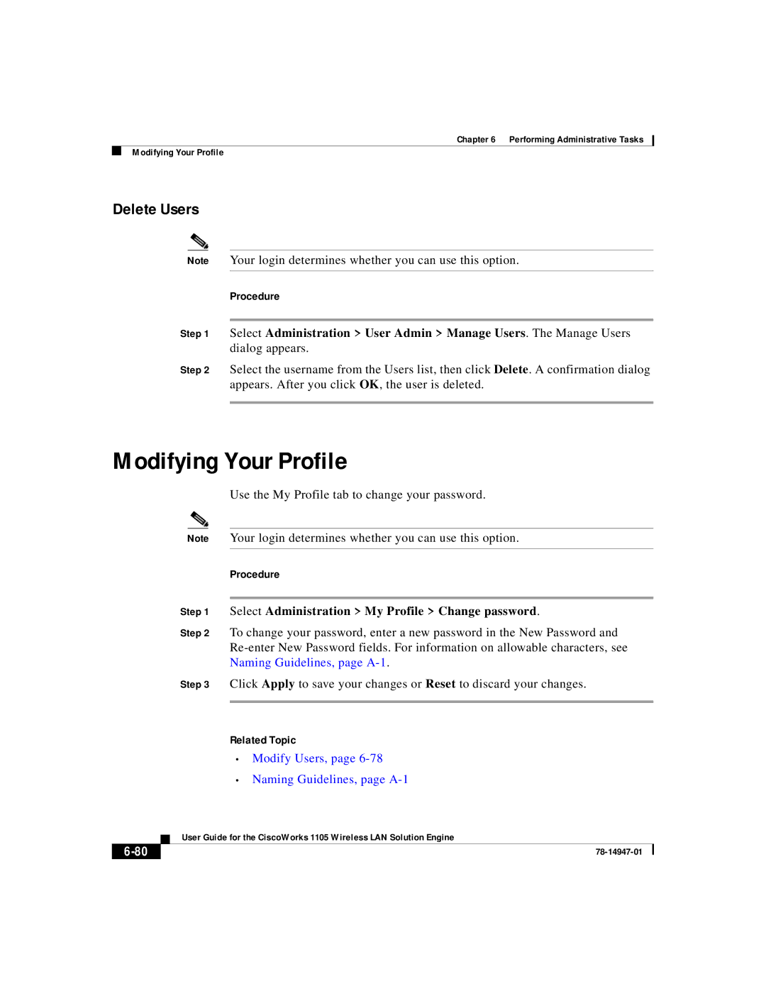 Cisco Systems 1105 manual Modifying Your Profile, Delete Users, Use the My Profile tab to change your password 