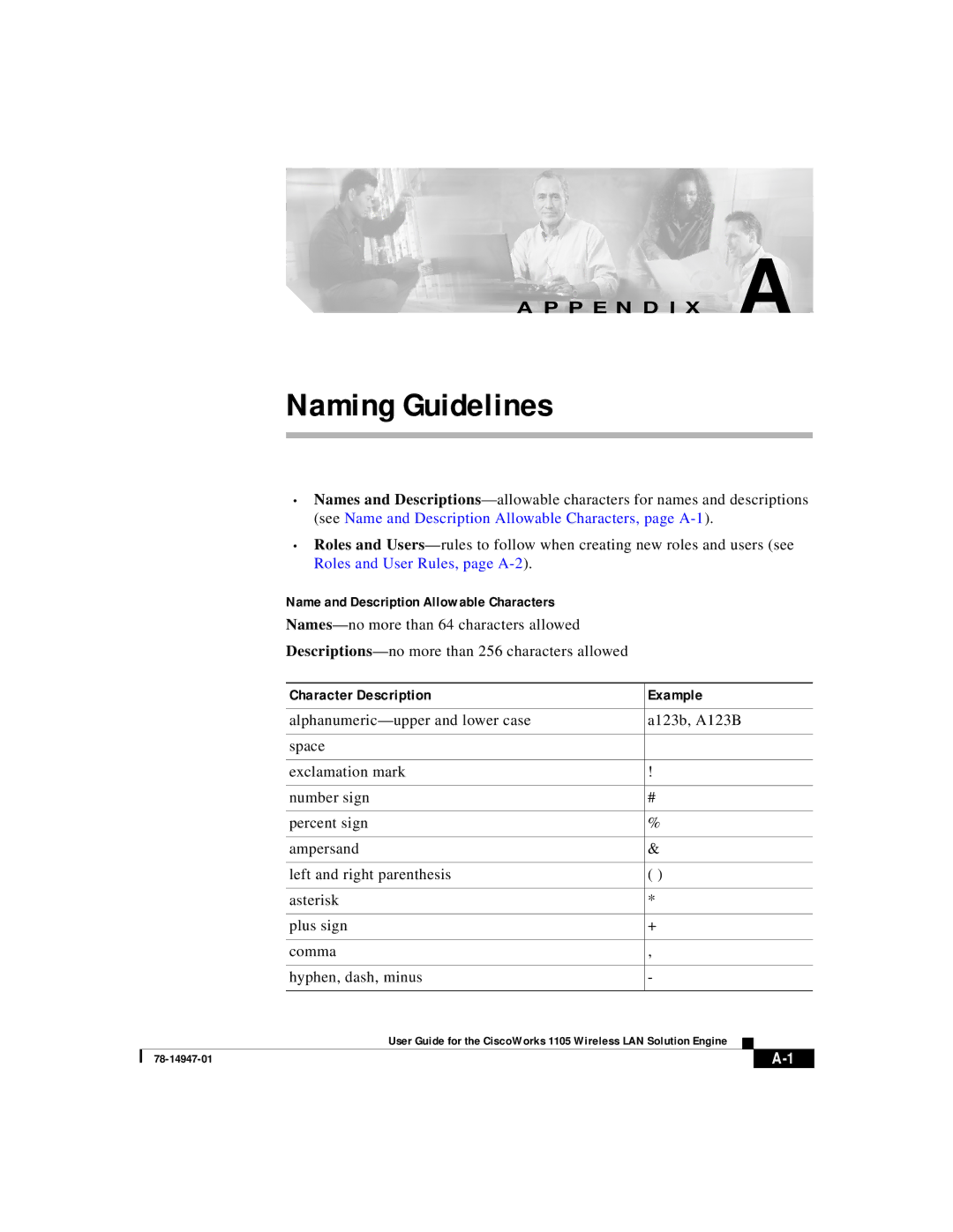 Cisco Systems 1105 manual Name and Description Allowable Characters, Character Description Example 