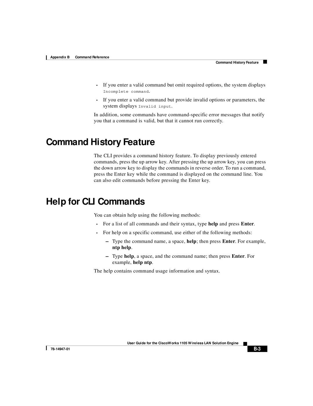 Cisco Systems 1105 manual Command History Feature, Help for CLI Commands 