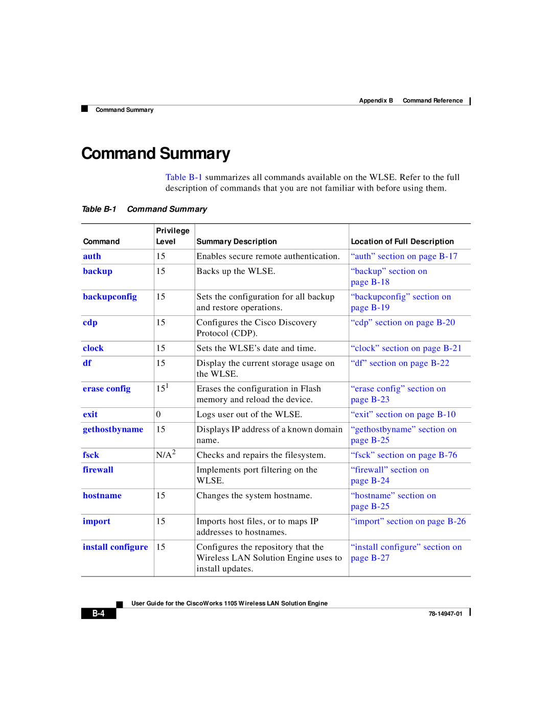 Cisco Systems 1105 manual Command Summary 