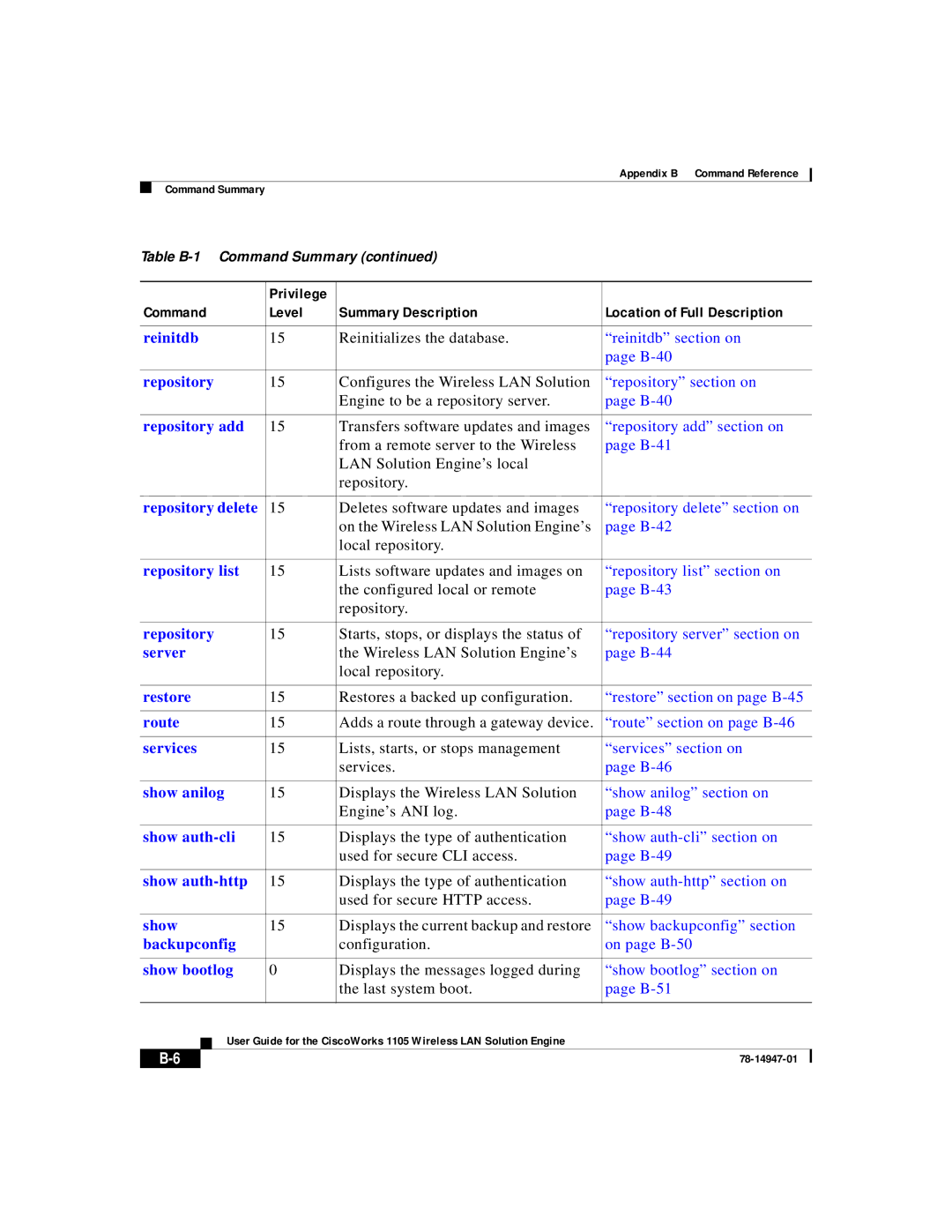 Cisco Systems 1105 manual Reinitializes the database Reinitdb section on B-40, Configuration On page B-50 