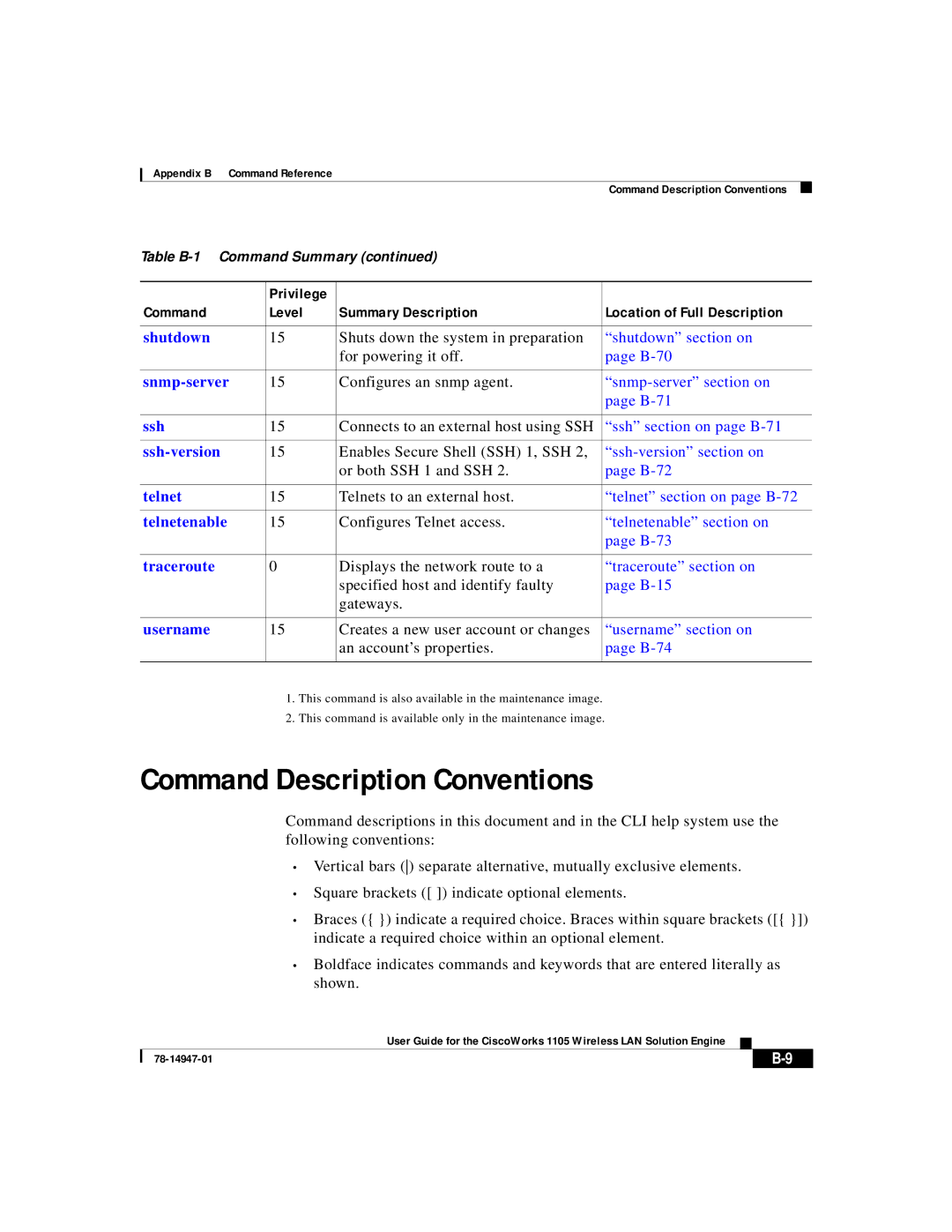 Cisco Systems 1105 manual Command Description Conventions, Configures an snmp agent Snmp-server section on B-71 