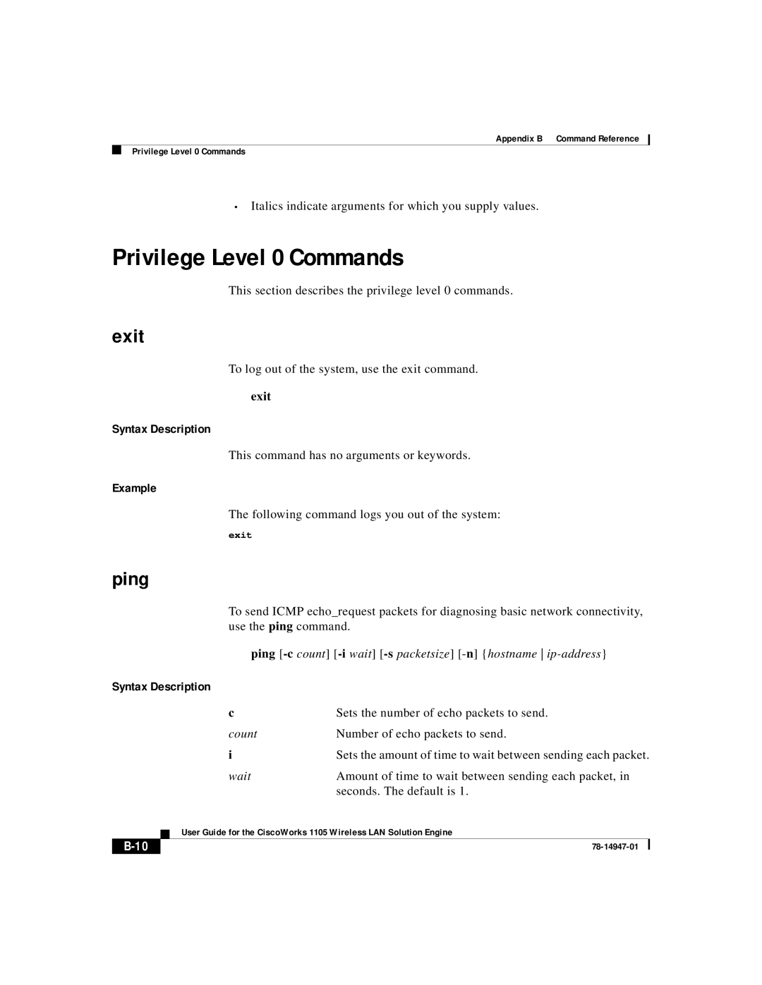 Cisco Systems 1105 manual Privilege Level 0 Commands, Exit, Ping, Syntax Description, Example 