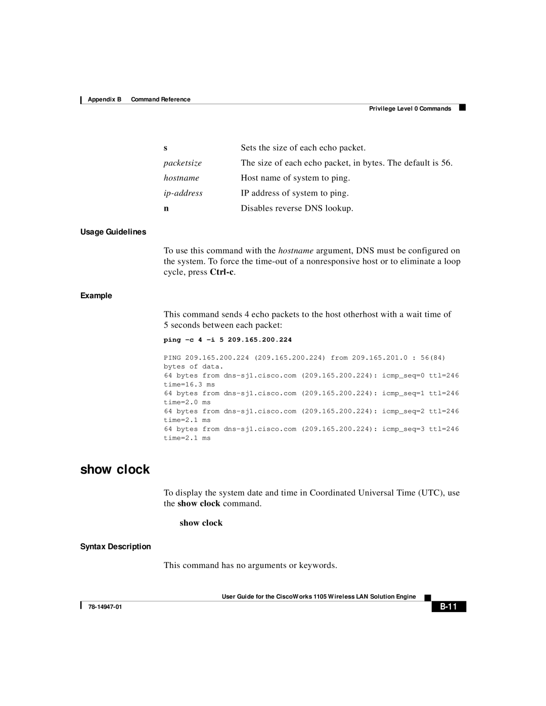 Cisco Systems 1105 manual Show clock, Usage Guidelines 