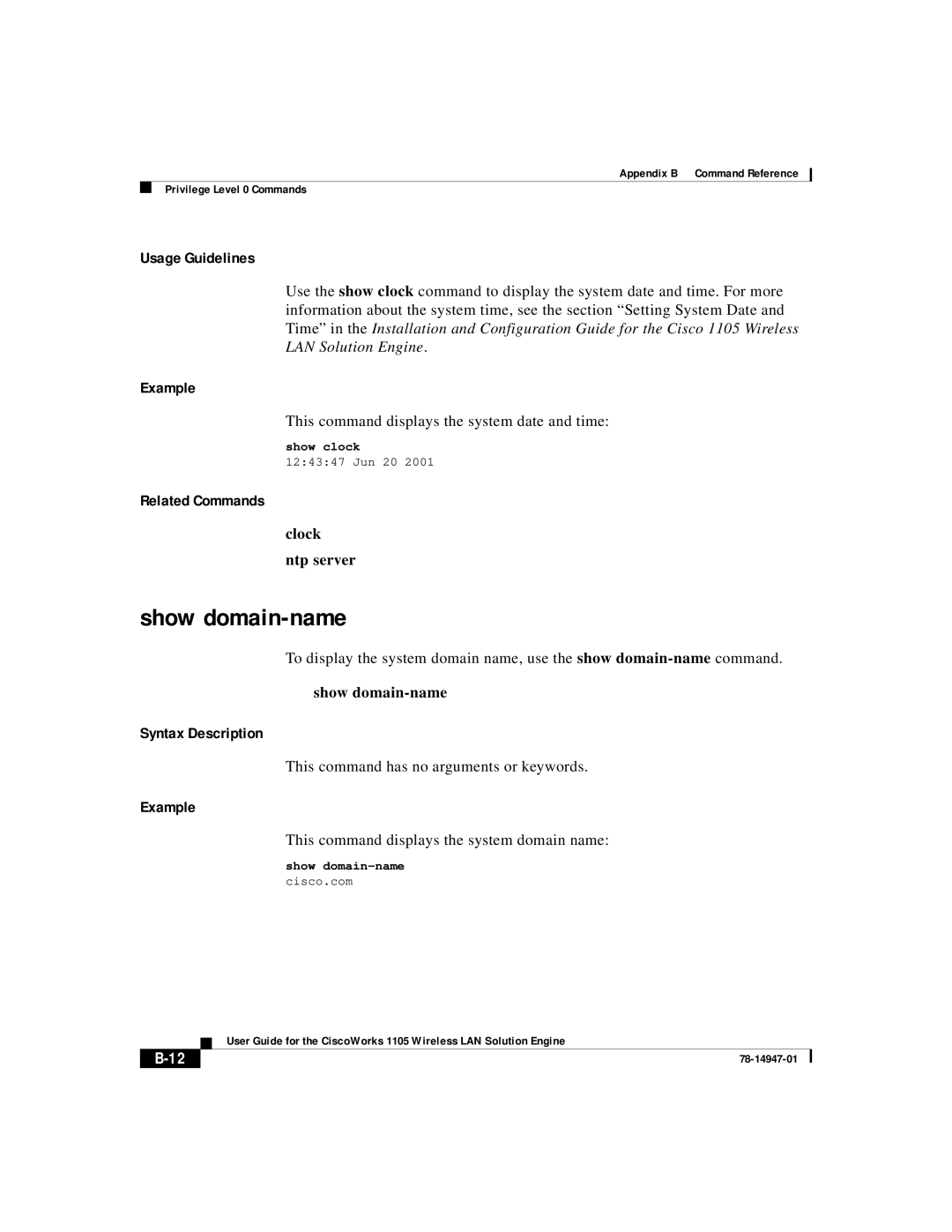 Cisco Systems 1105 manual Show domain-name, Related Commands, Clock Ntp server 