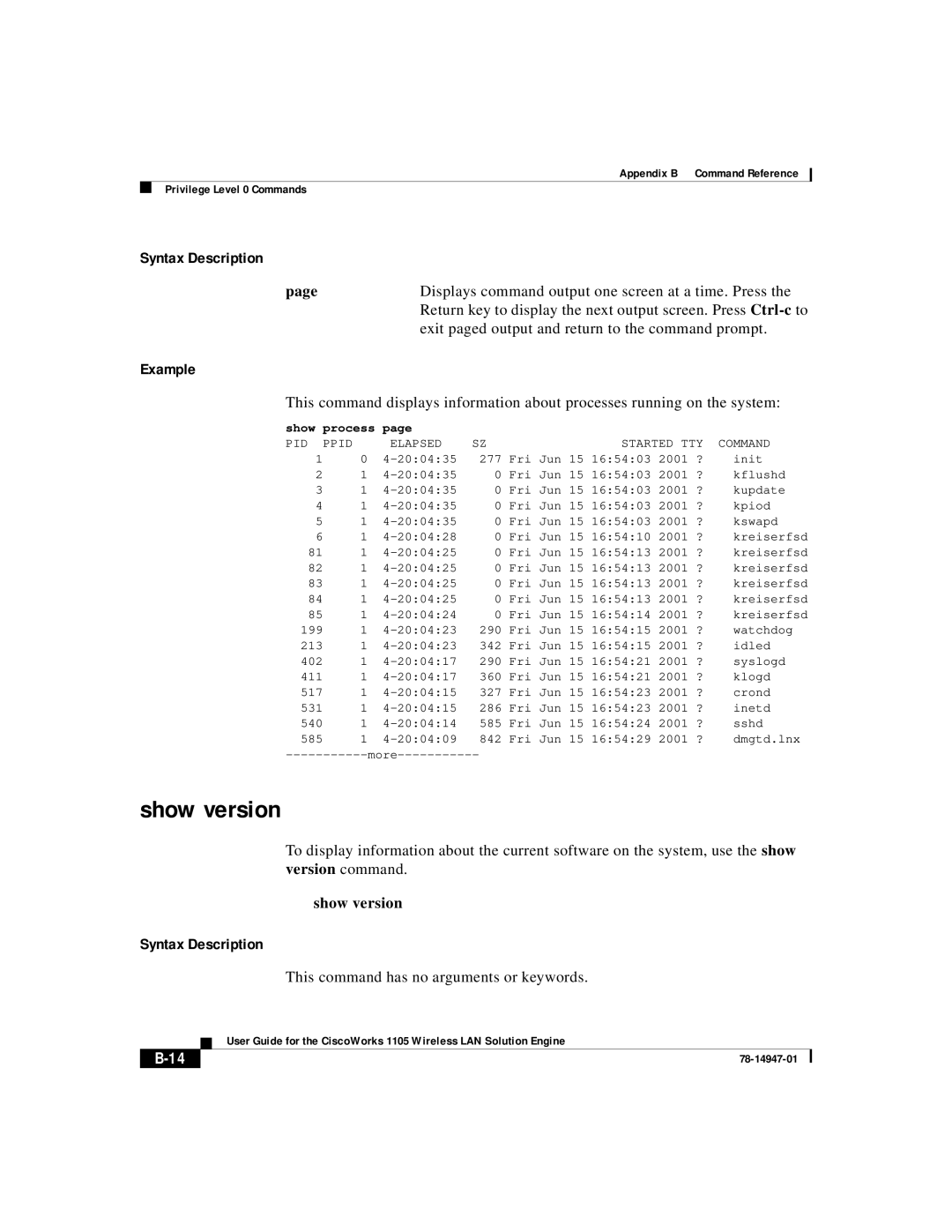 Cisco Systems 1105 manual Show version, Displays command output one screen at a time. Press 