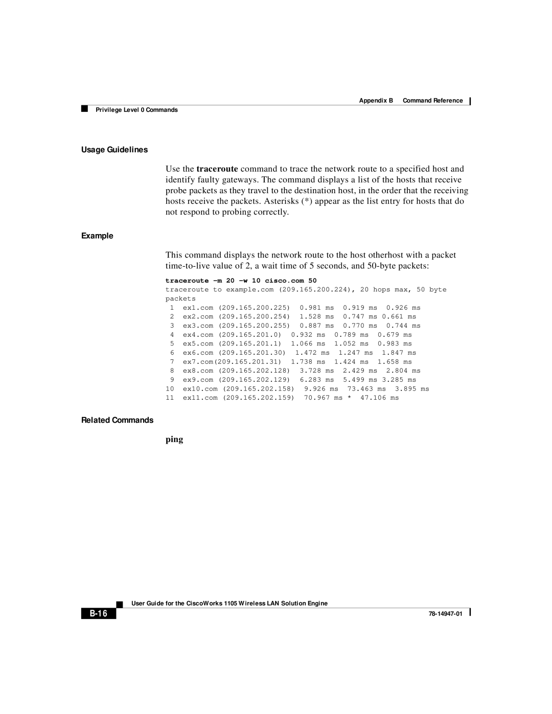 Cisco Systems 1105 manual Ping, Traceroute -m 20 -w 10 cisco.com 