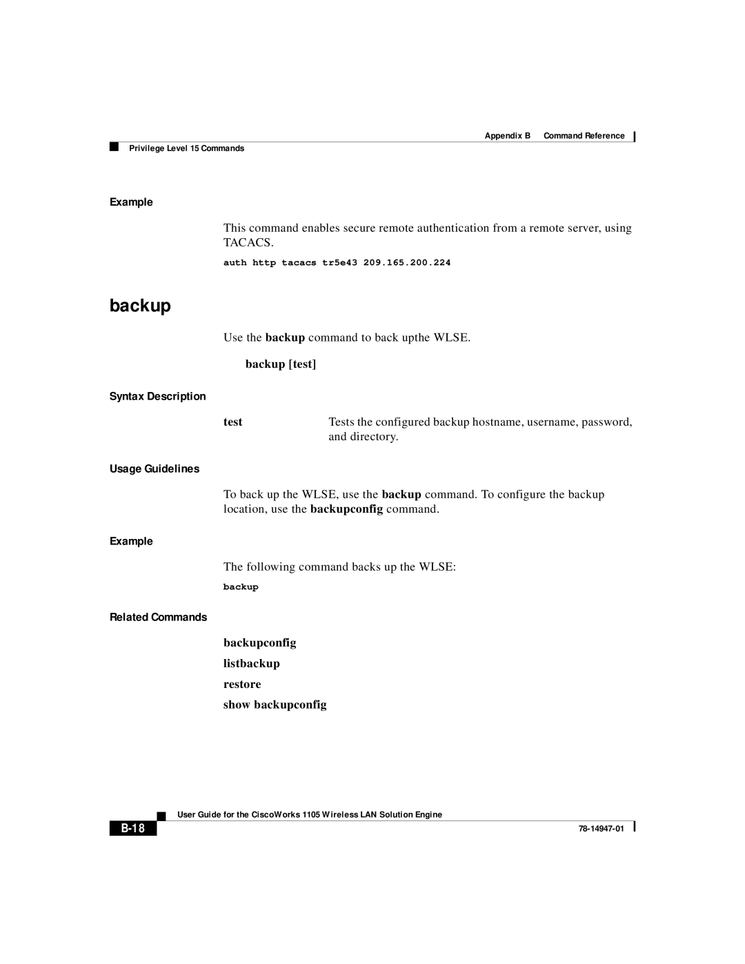 Cisco Systems 1105 manual Backup test, Test, Backupconfig Listbackup Restore Show backupconfig 