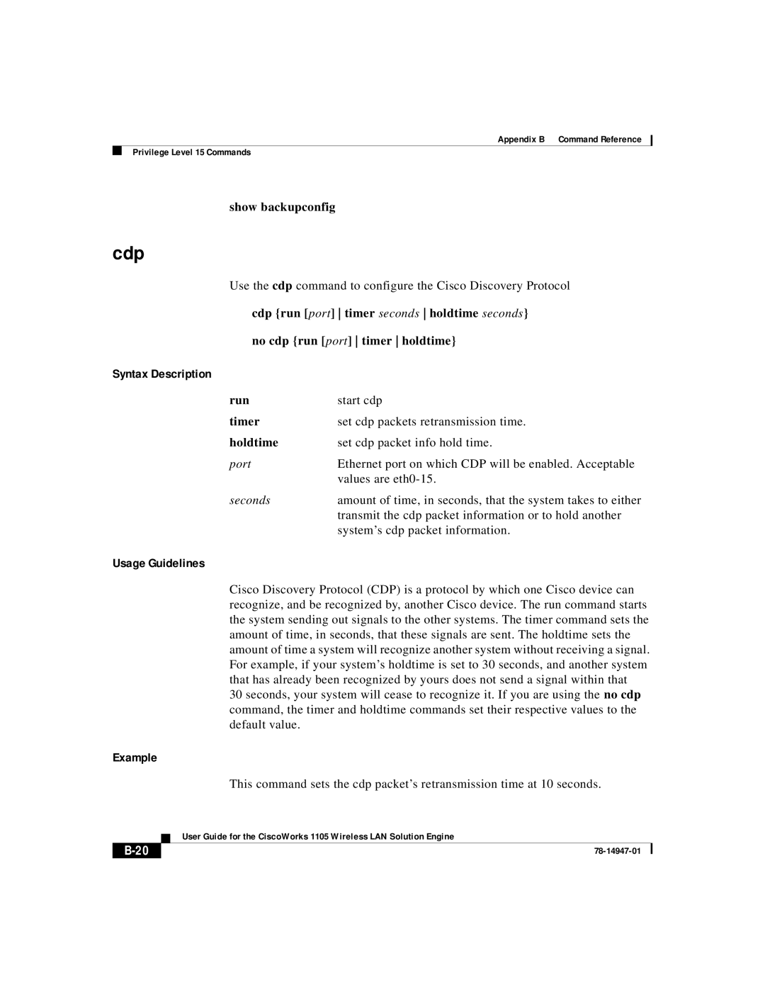 Cisco Systems 1105 manual Cdp, Run, Timer, Holdtime 