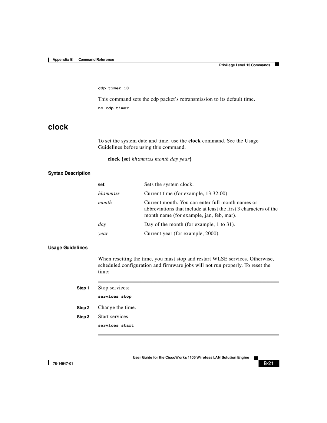 Cisco Systems 1105 manual Clock, Set 