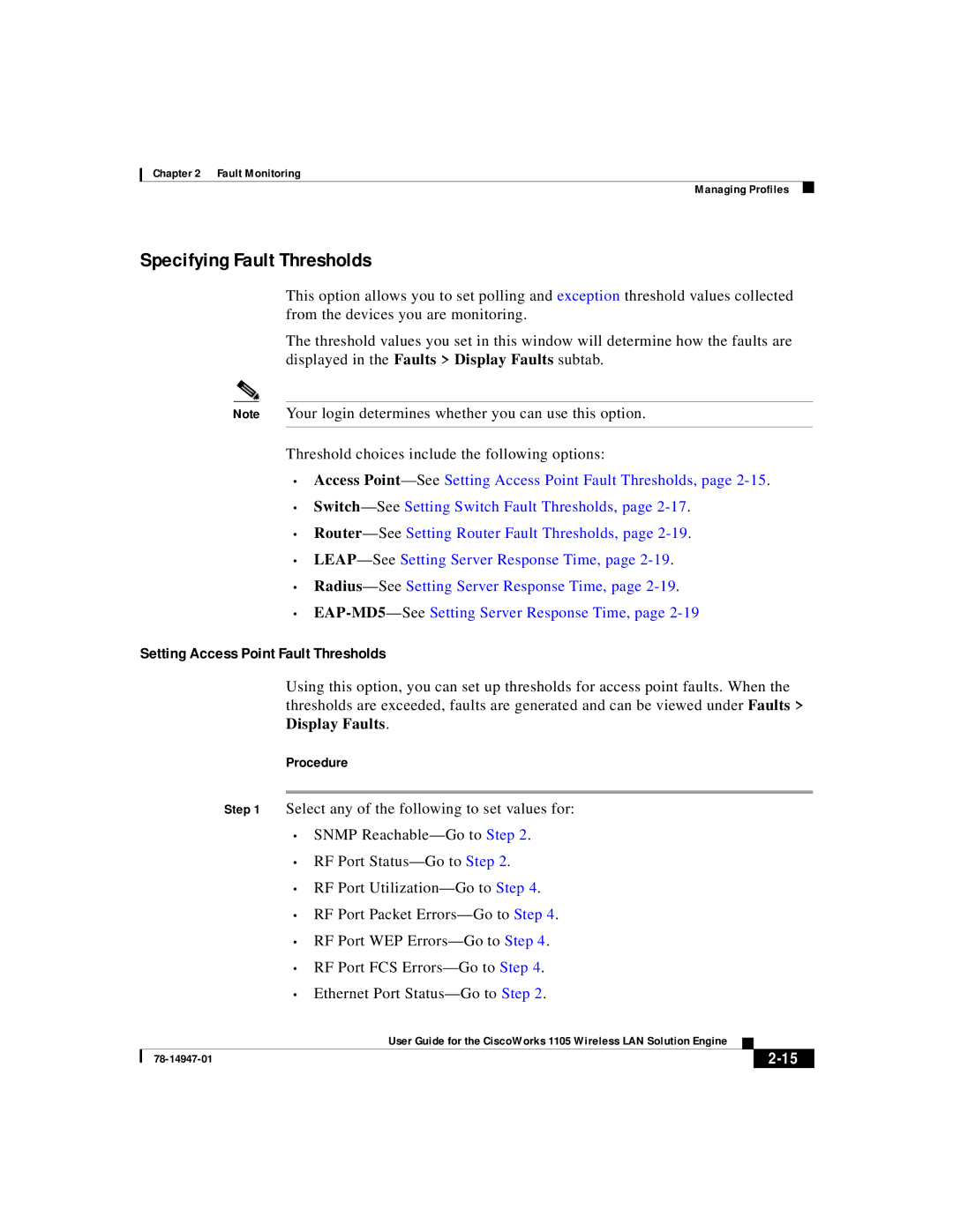 Cisco Systems 1105 manual Specifying Fault Thresholds, Setting Access Point Fault Thresholds 