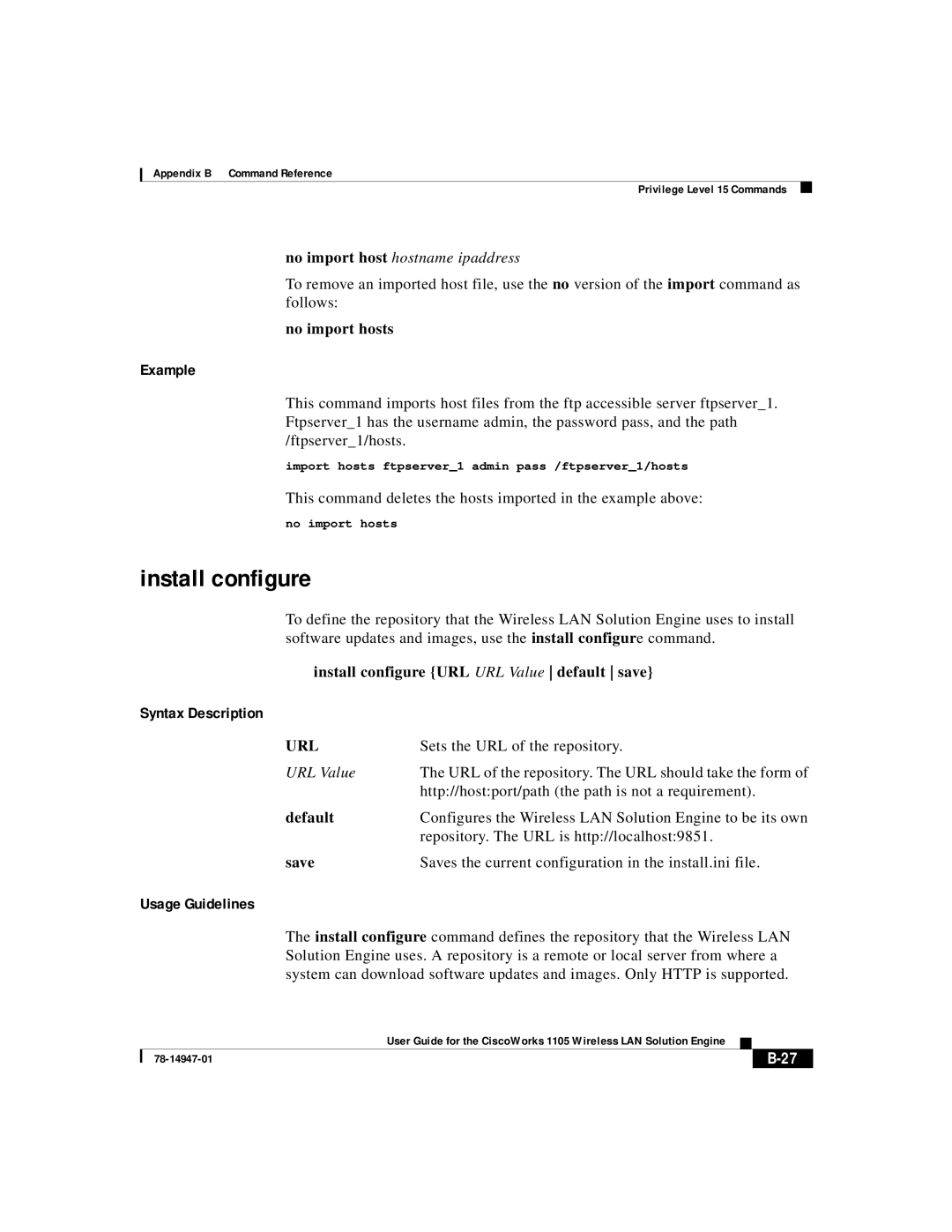 Cisco Systems 1105 manual No import hosts, Install configure URL URL Value default save, Default, Save 