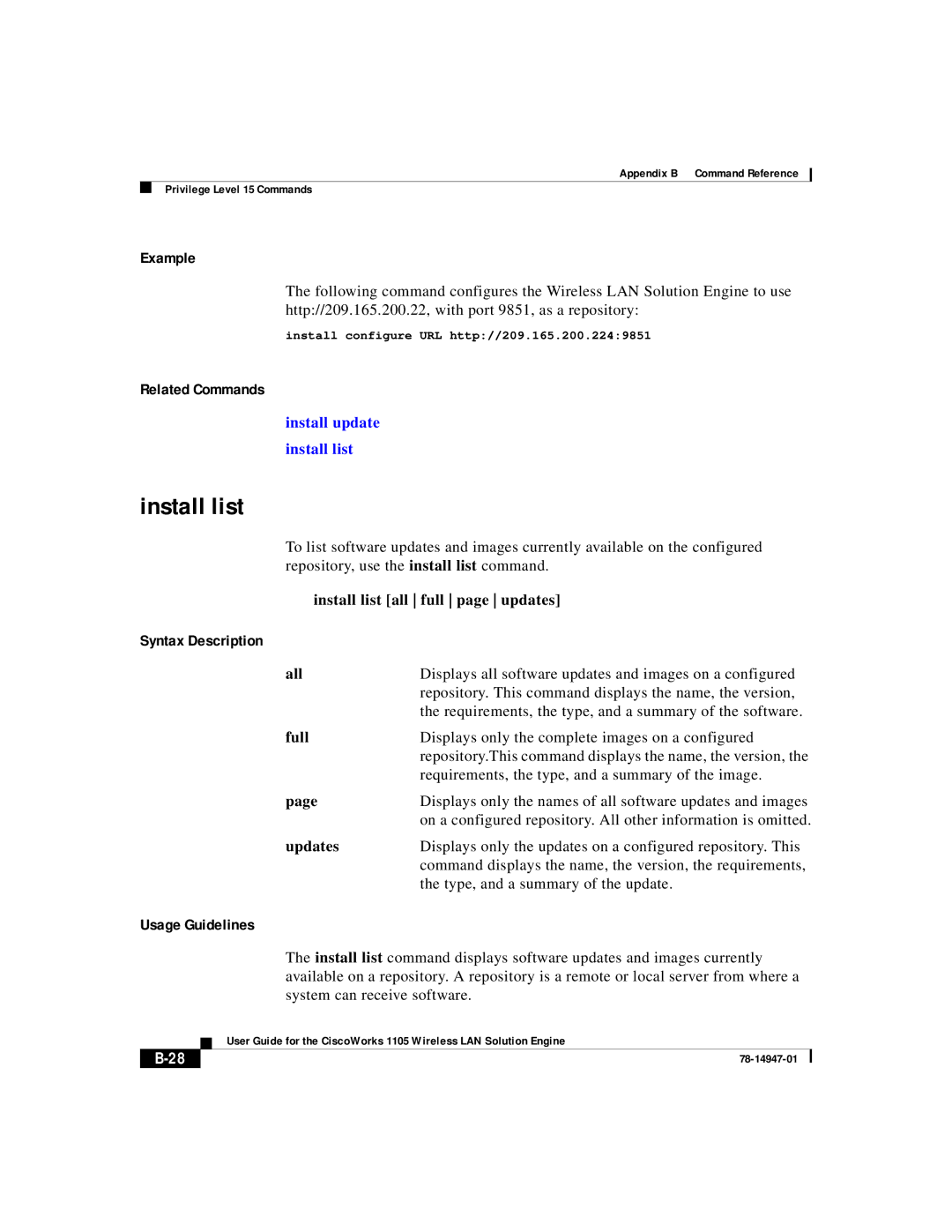 Cisco Systems 1105 manual Install list all full page updates, All, Full, Updates 