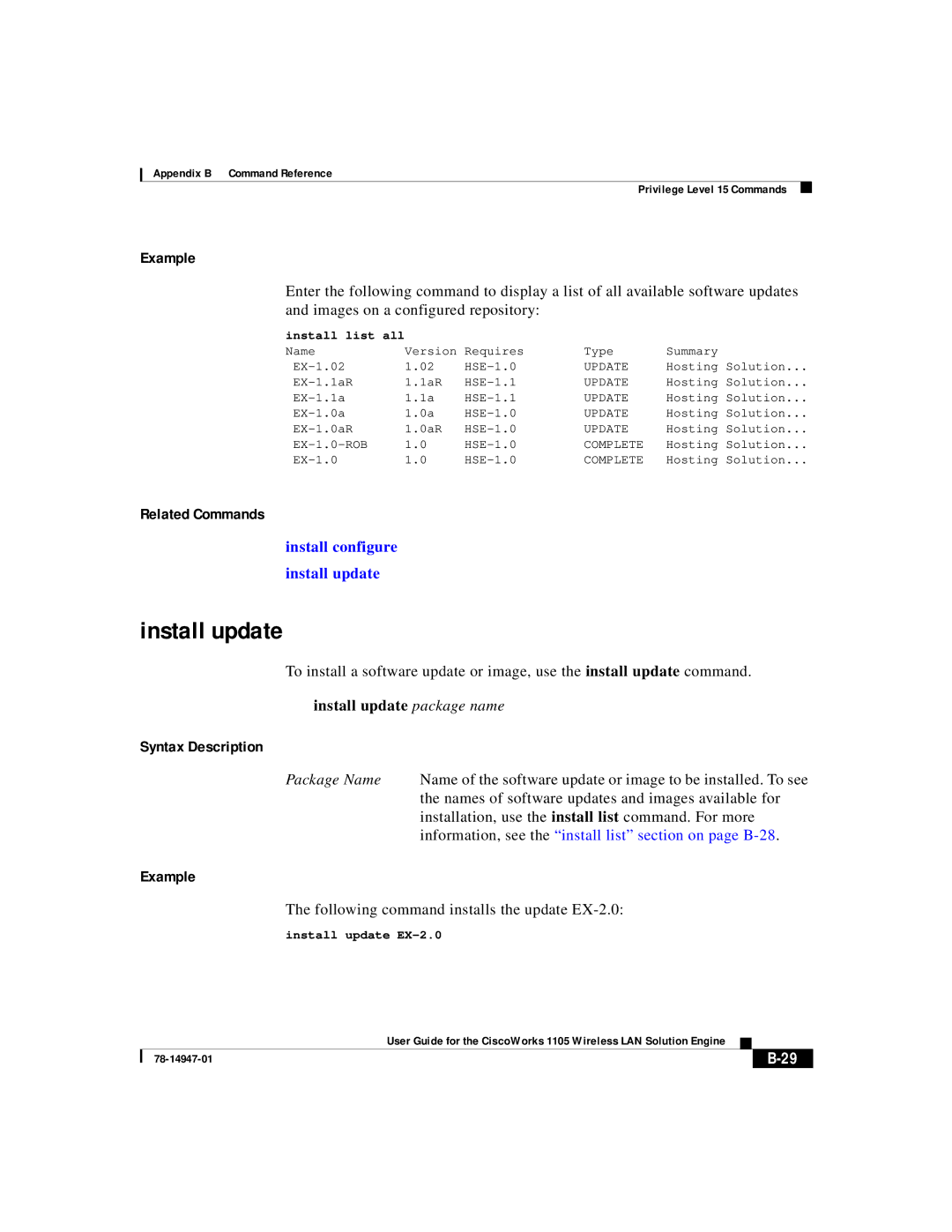 Cisco Systems 1105 Install update package name, Following command installs the update EX-2.0, Install update EX-2.0 