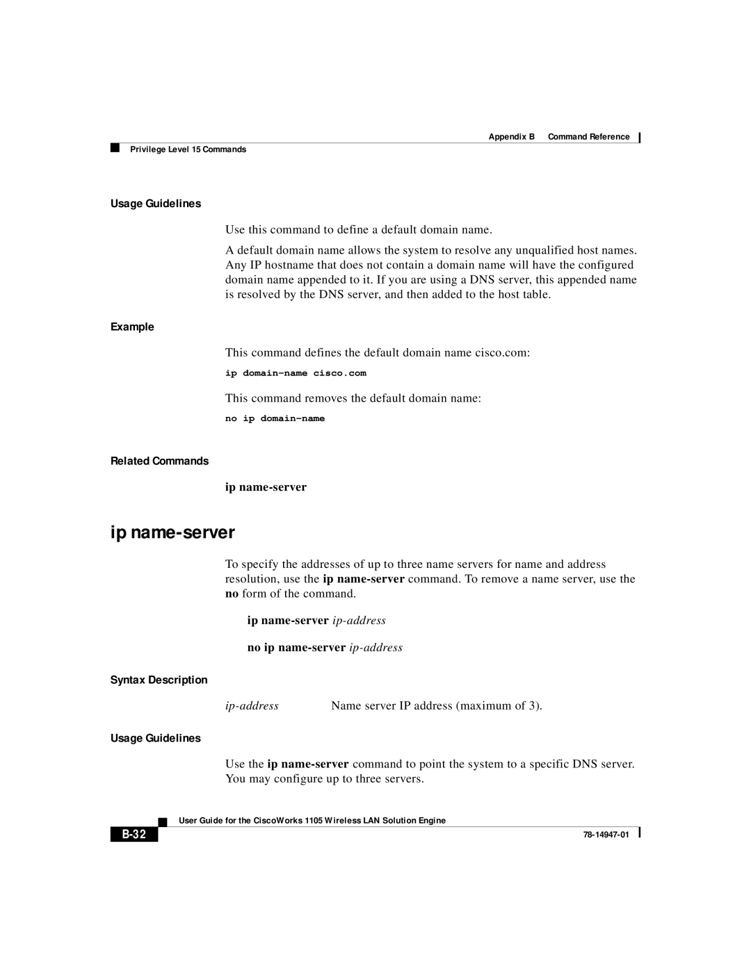 Cisco Systems 1105 Ip name-server ip-address No ip name-server ip-address, Ip-address Name server IP address maximum 