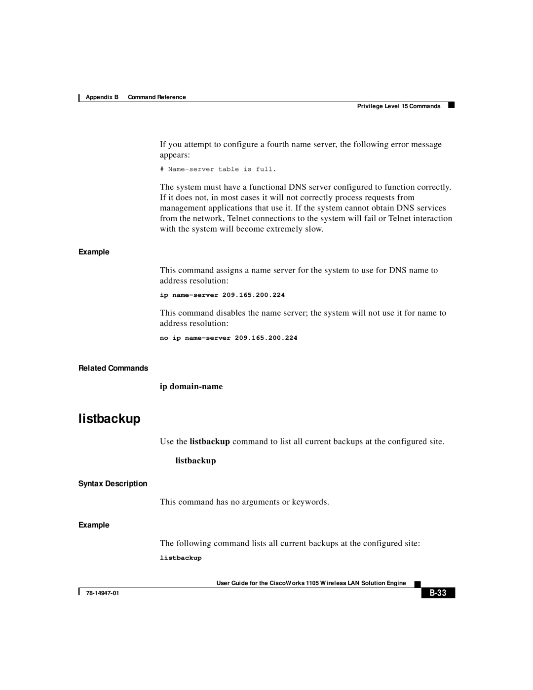 Cisco Systems 1105 manual Listbackup, Ip domain-name, Ip name-server, No ip name-server 