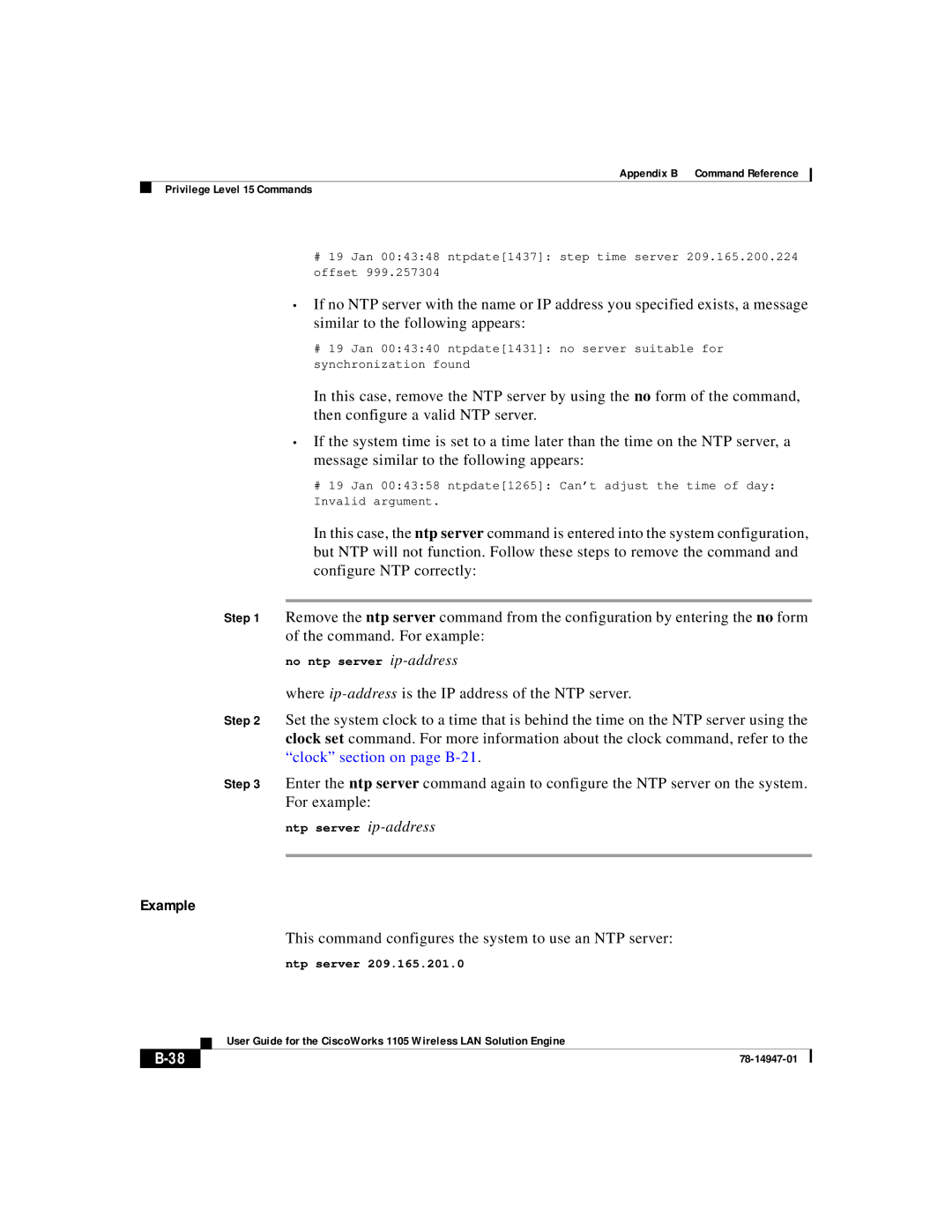 Cisco Systems 1105 manual This command configures the system to use an NTP server, No ntp server ip-address, Ntp server 