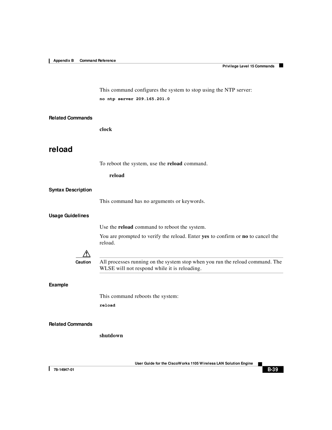 Cisco Systems 1105 manual Reload, Clock, Shutdown 