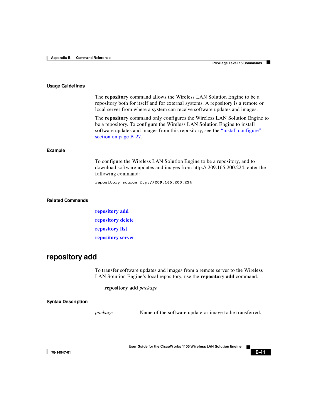 Cisco Systems 1105 manual Repository add, Repository source ftp//209.165.200.224 