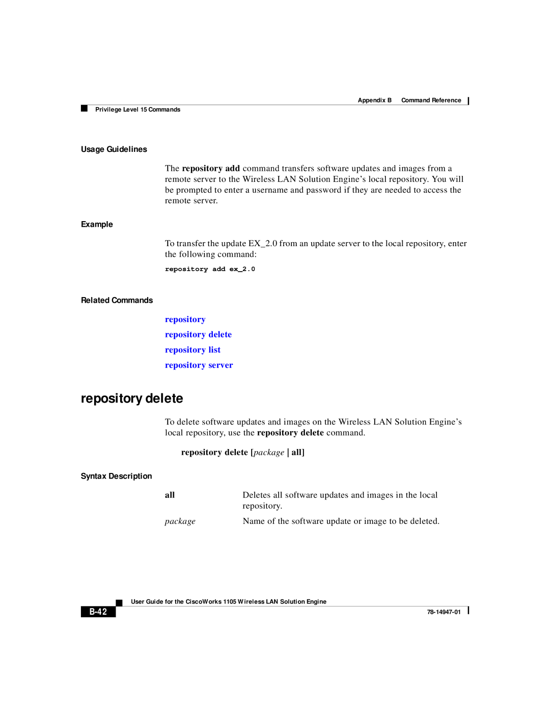 Cisco Systems 1105 manual Repository delete package all, Package 