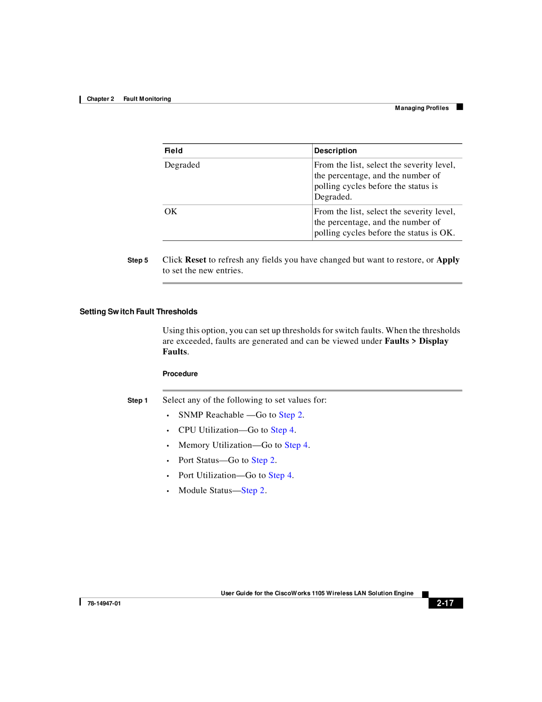 Cisco Systems 1105 manual Setting Switch Fault Thresholds, Degraded 