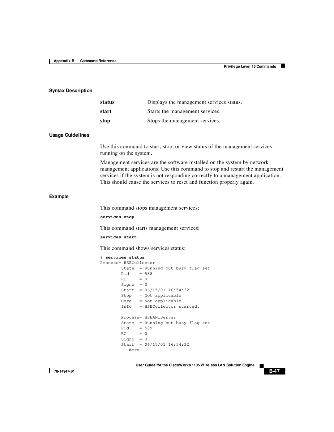 Cisco Systems 1105 This command stops management services, This command starts management services, # services status 