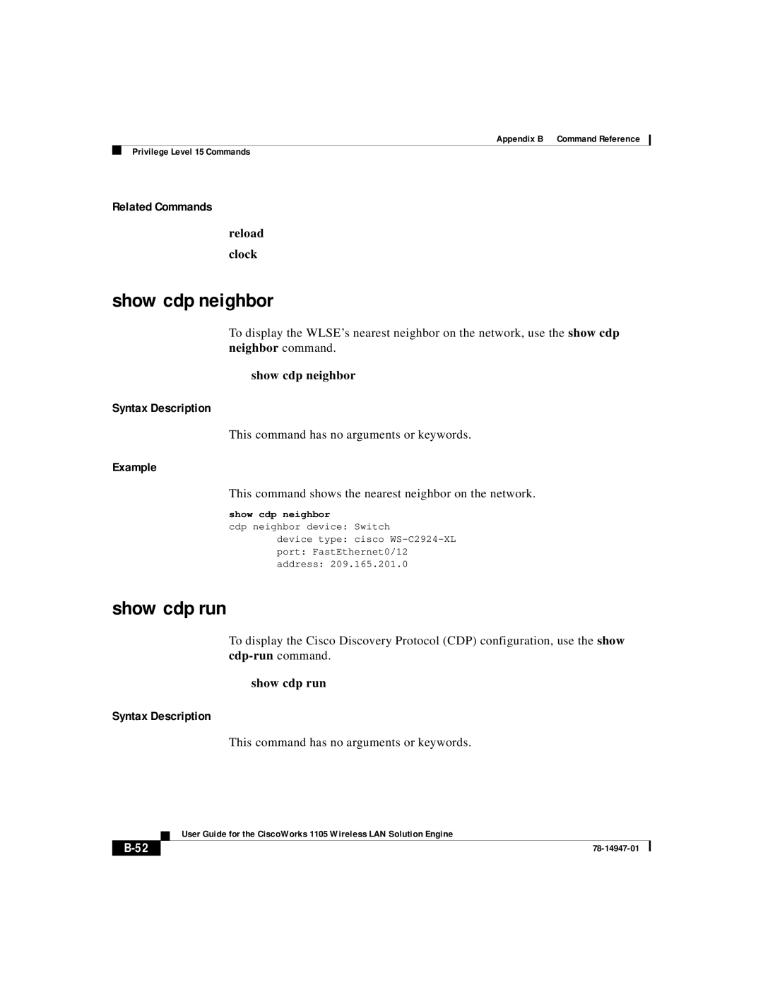 Cisco Systems 1105 manual Show cdp neighbor, Show cdp run, Reload Clock 